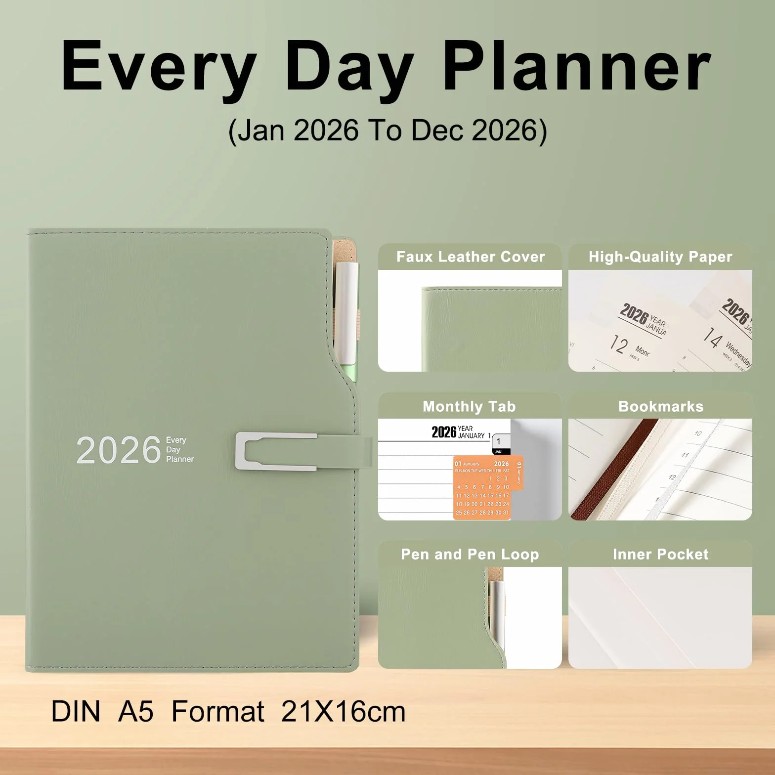 Agenda académique 2026 A5 Un jour par page avec autocollants calendrier porte-stylo et stylo 14 x 21,5 cm vert