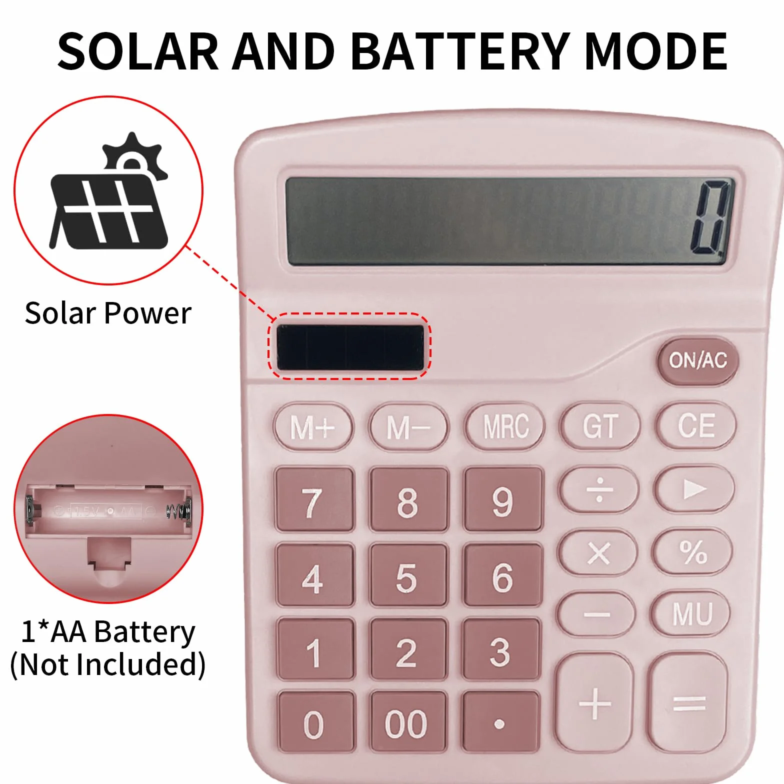 Calculatrice Solaire Grand Écran LCD 12 Chiffres, Mini Calculatrice Standard, Grands Boutons, Rose