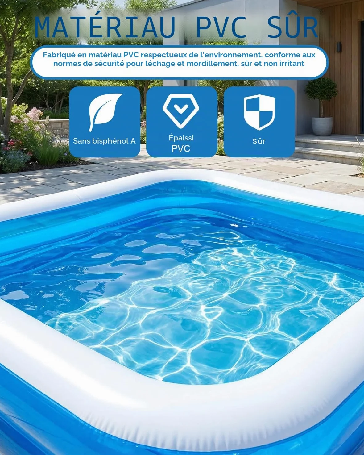 Piscine gonflable rectangulaire pour enfants et famille, grande pataugeoire de jardin, 2 chambres à air indépendantes, matériau PVC de 0,4 mm d'épaisseur, idéale pour une utilisation en été, 200 x 150