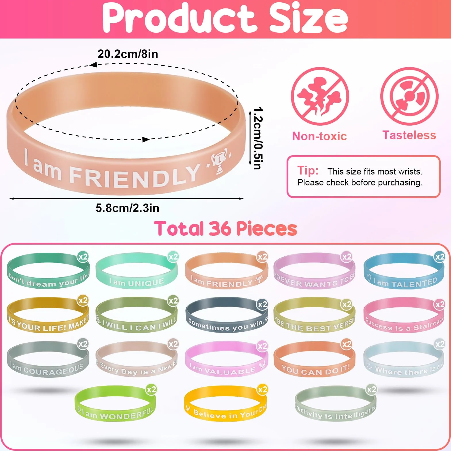 Bracelet en Silicone de Motivation 36 Pièces 20,2cm Couleurs avec Messages Positifs