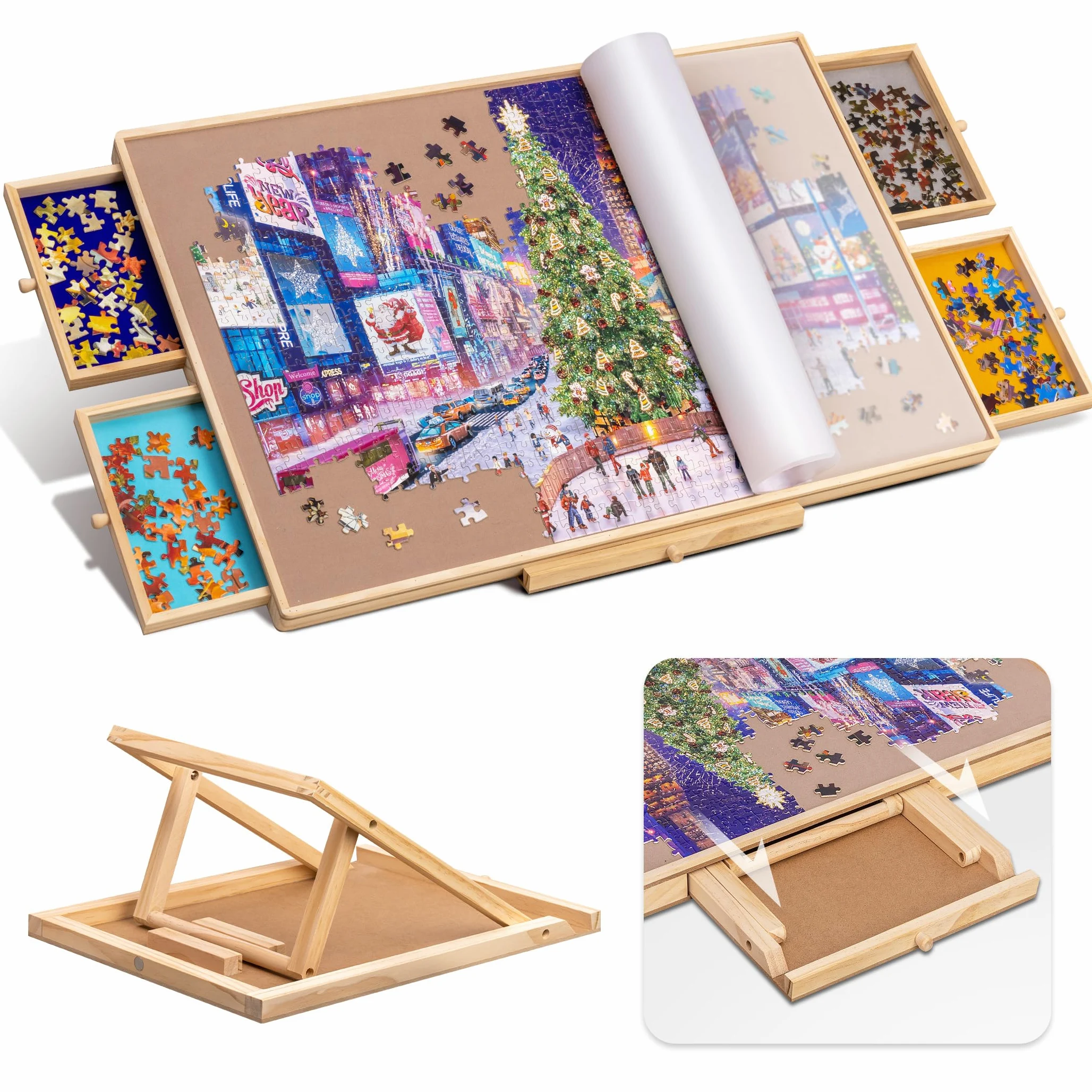 Tektalk Table de Puzzle avec Support réglable intégré Plateau en Bois à 3 Angles d'inclinaison Couvercle Amovible 4 tiroirs de tri jusqu'à 1000 pièces