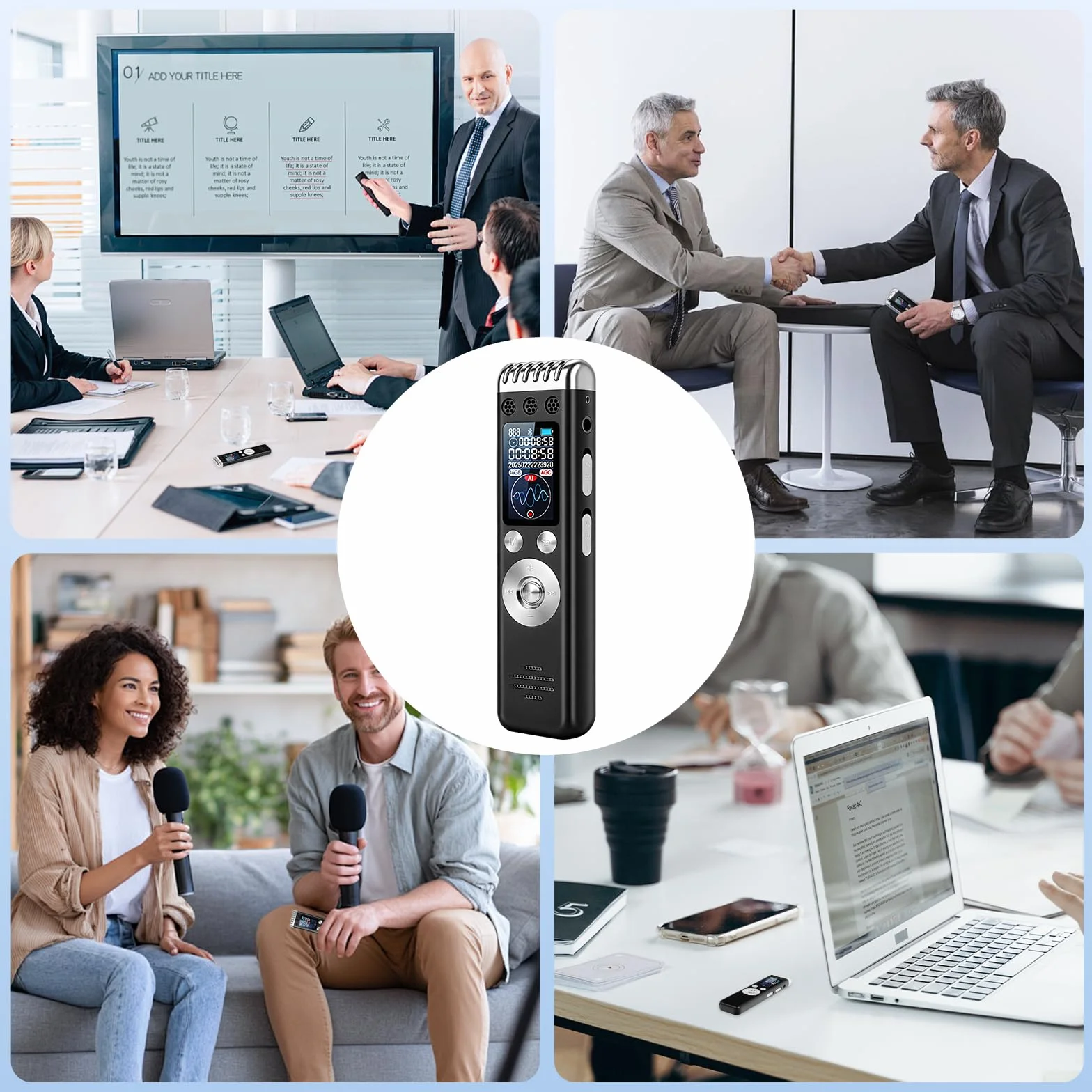 Enregistreur Vocal AI 64GB Professionnel Portable avec Transcription et Résumé, 256 Langues, Contrôle par Application