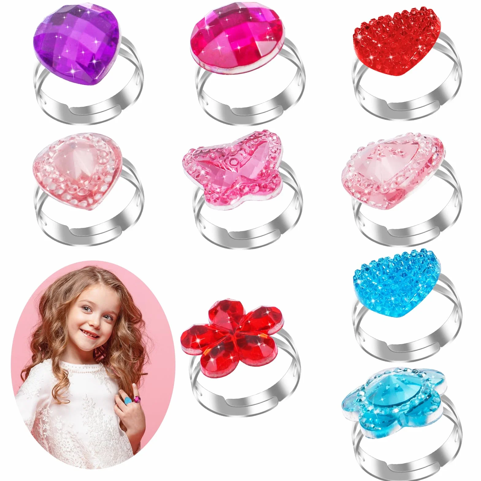 ASTER Lot de 9 bagues réglables pour fille avec cristaux métal fer pierre précieuse acrylique résine