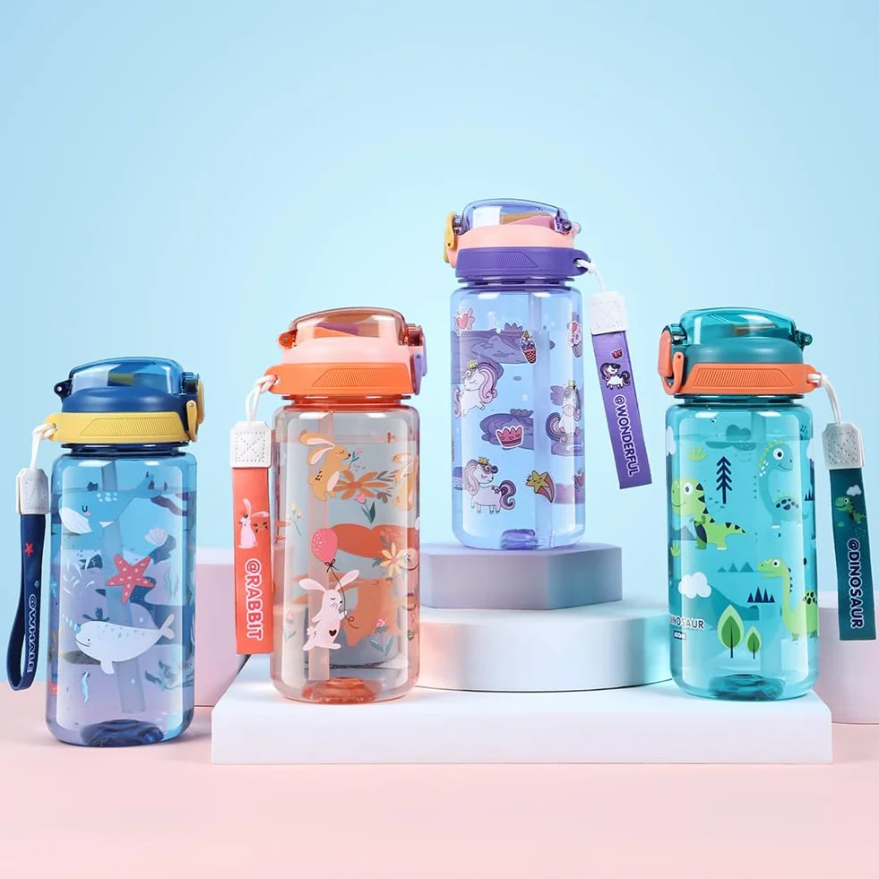 Flintronic 600ML Gourde Enfant avec Paille, Bouteille Enfant avec Poignée, Anti-Fuite, sans BPA Tritan pour l'école Sport (Vert-Dinosaures)