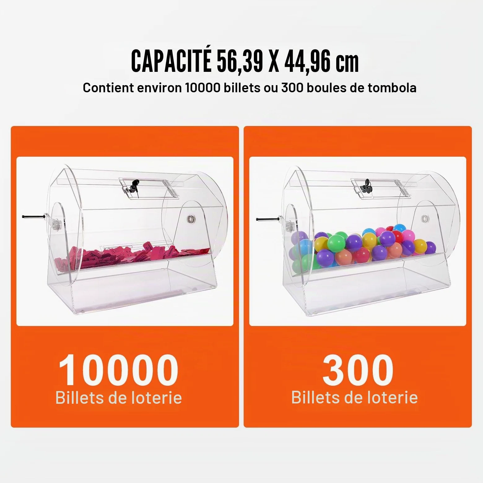 VEVOR Tambour de Tombola Loterie Loto en Acrylique, Capacité 10000 Billets ou 300 Balles, Cage pour Jeu de Bingo Transparente, avec 2 Clés, 565 x 1450 mm, pour Vote Événement Fête Salon Rassemblement
