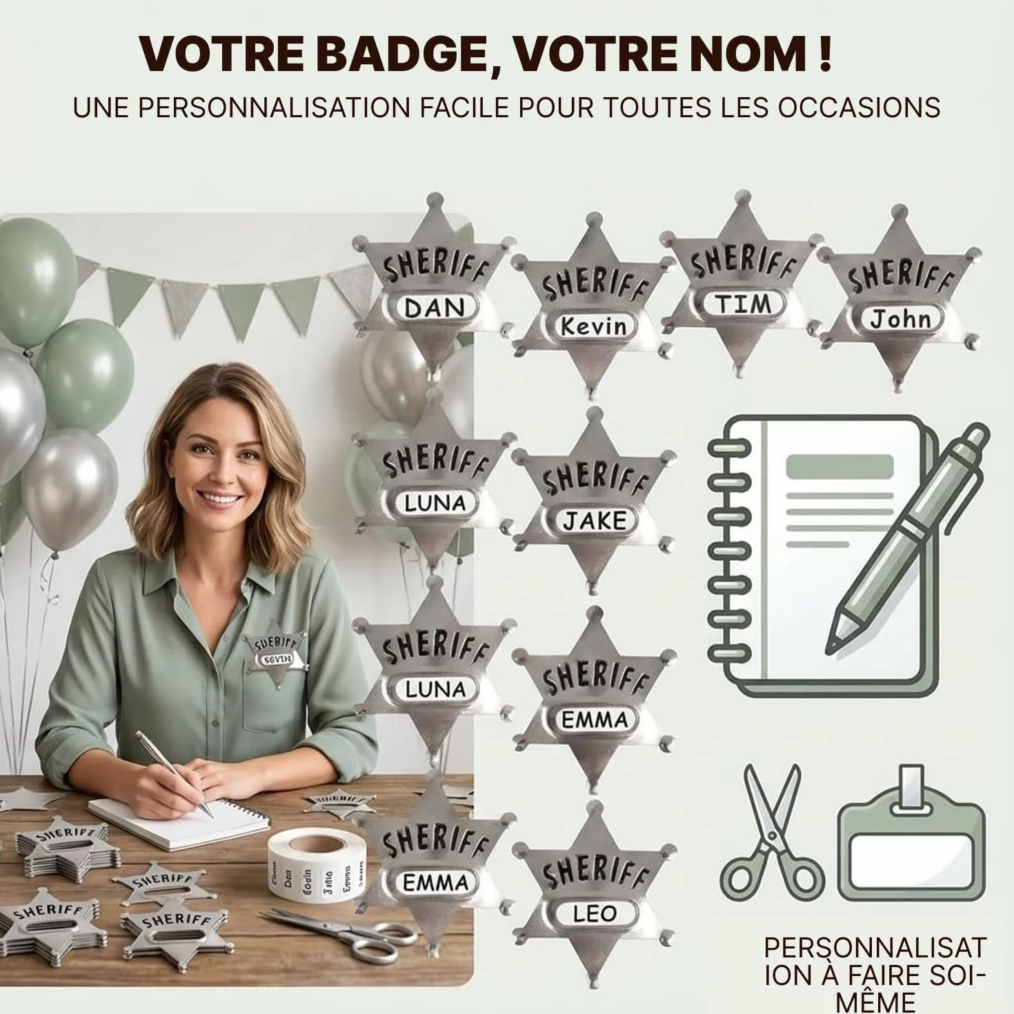 Badges de shérif en métal – Lot de 24, Silver Star Badges nominatifs Western Cowboy pour enfants
