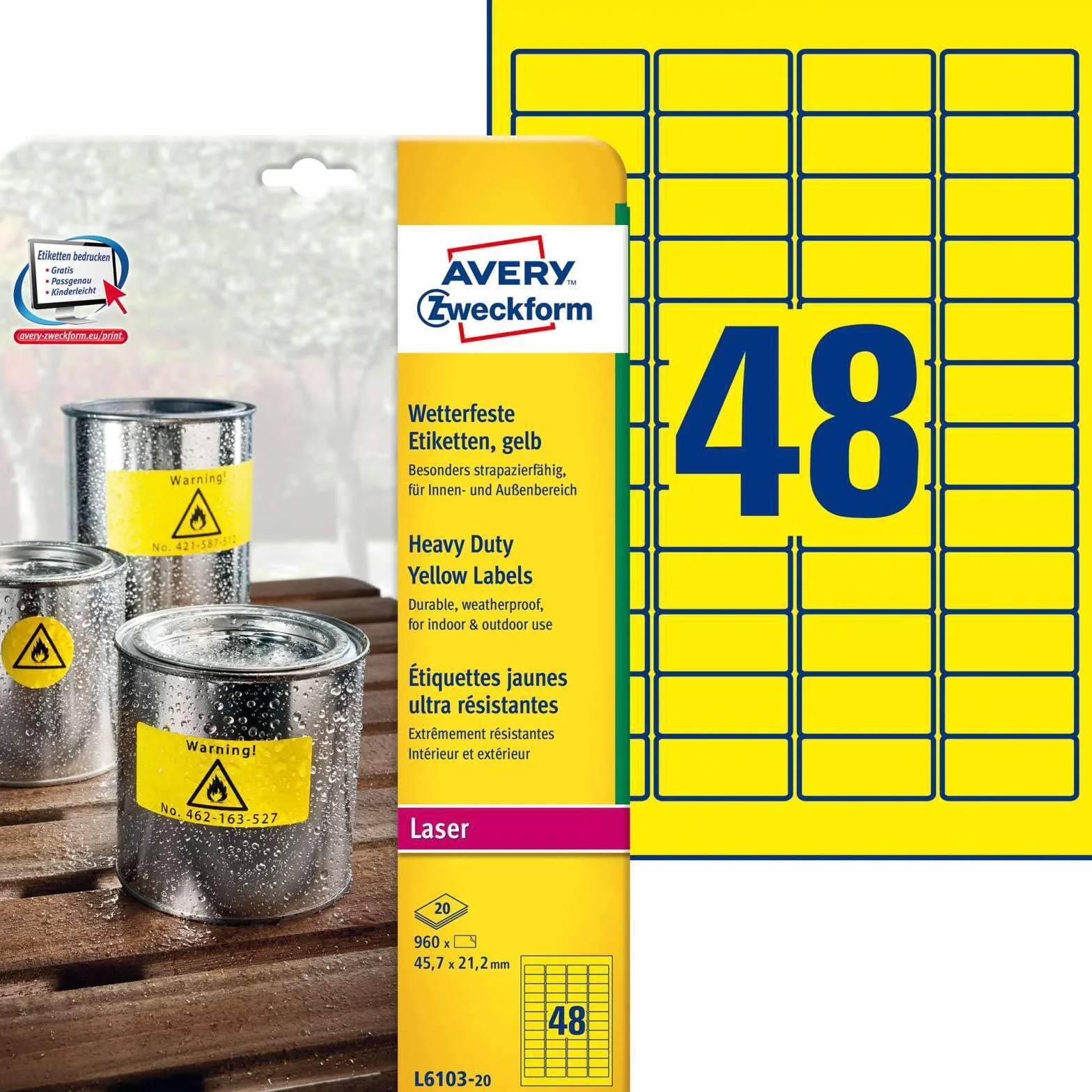 Avery-Zweckform L6103-20 960 étiquettes autocollantes film polyester Jaune 45,7 x 21,2 mm
