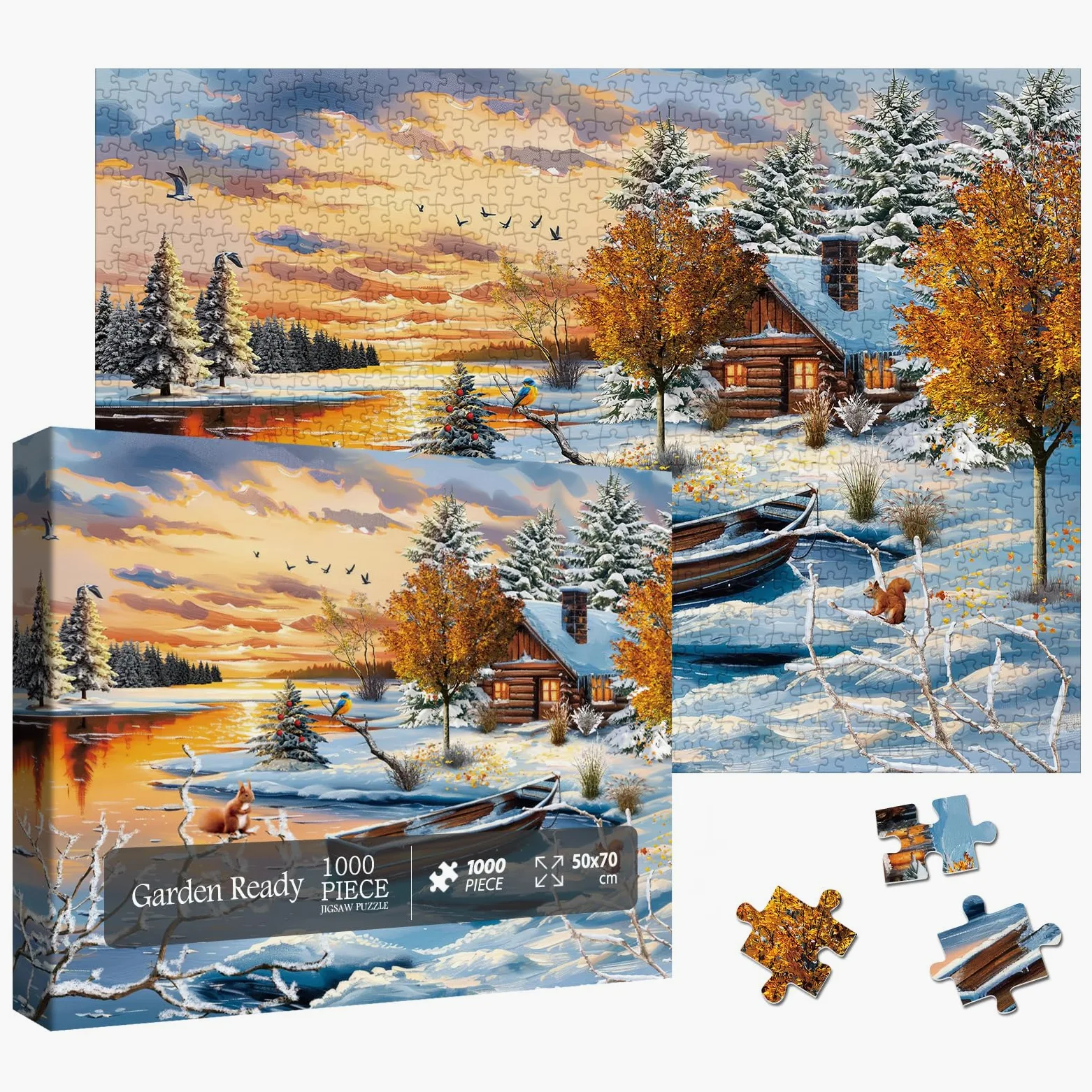 Puzzle paysage naturel d'hiver pour adultes 1000 pièces, joli coucher de soleil sur le lac maison arbre puzzles, puzzle enneigé scénique cabane rivière animal