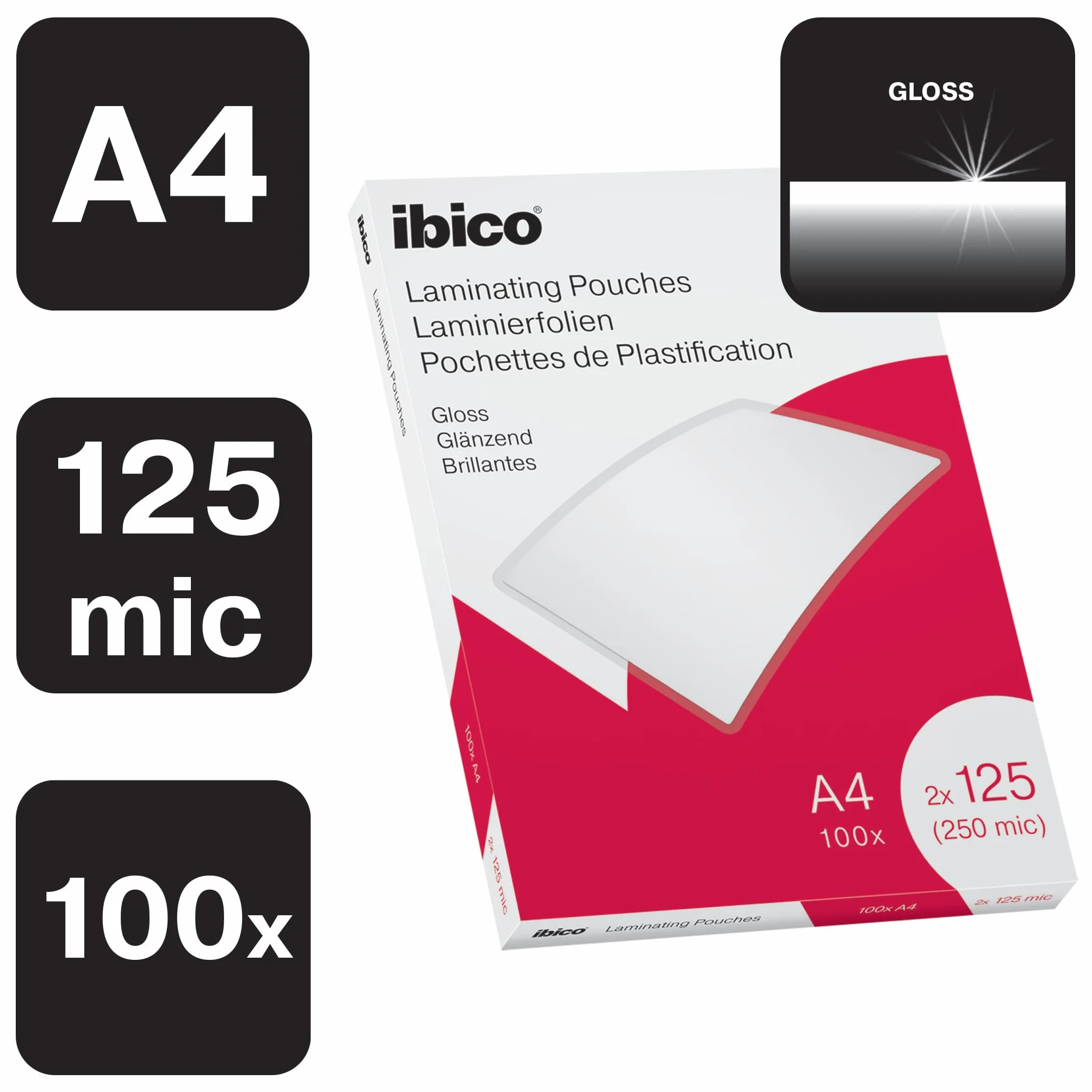 Ibico Pochettes de Plastification A4 250 microns Paquet de 100 Brillante Transparent
