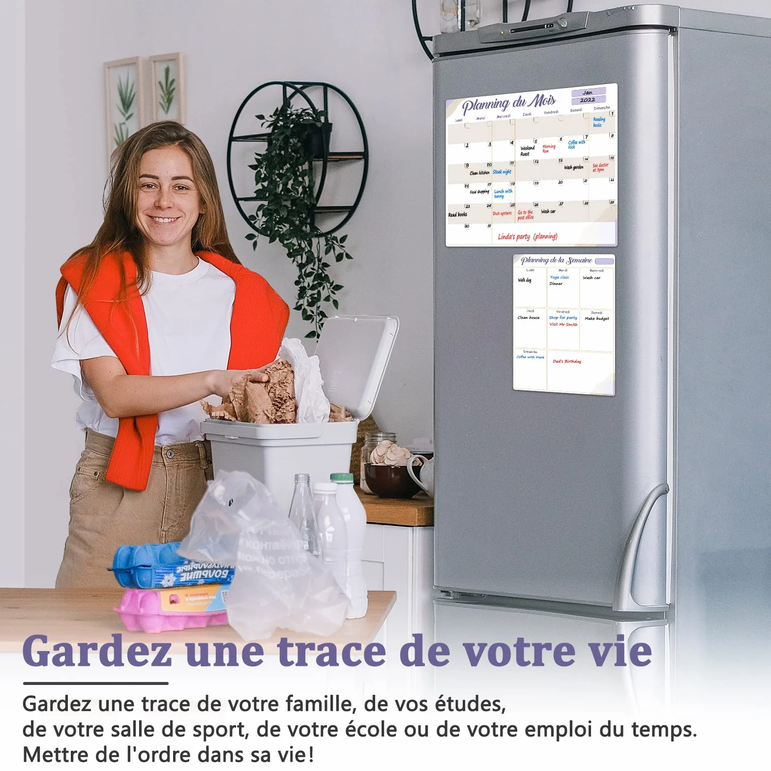 Tableaux Blancs Calendrier Effaçable à Sec Lot de 2 – Mensuel + Semainier avec 4 Marqueurs – Adhésif Non Magnétique pour Réfrigérateur Inox, Mur, Verre, Bois
