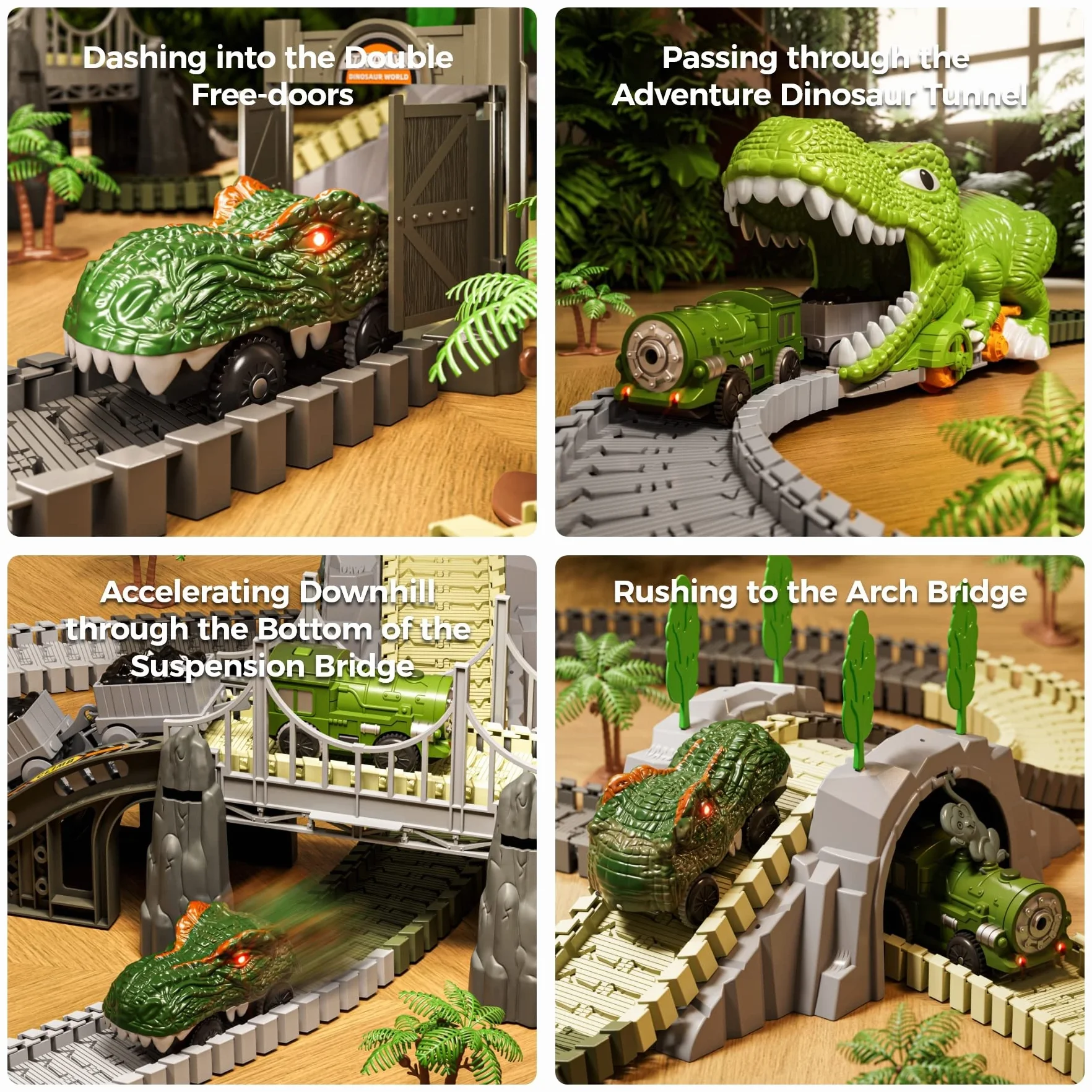 Dinosaure Jouet Piste de Course 281 Pièces Train Dinosaures Cadeau Enfants 3-6 Ans Chemins Fer Flexibles 4 Dinosaures 2 Voitures Course Électriques Lumières