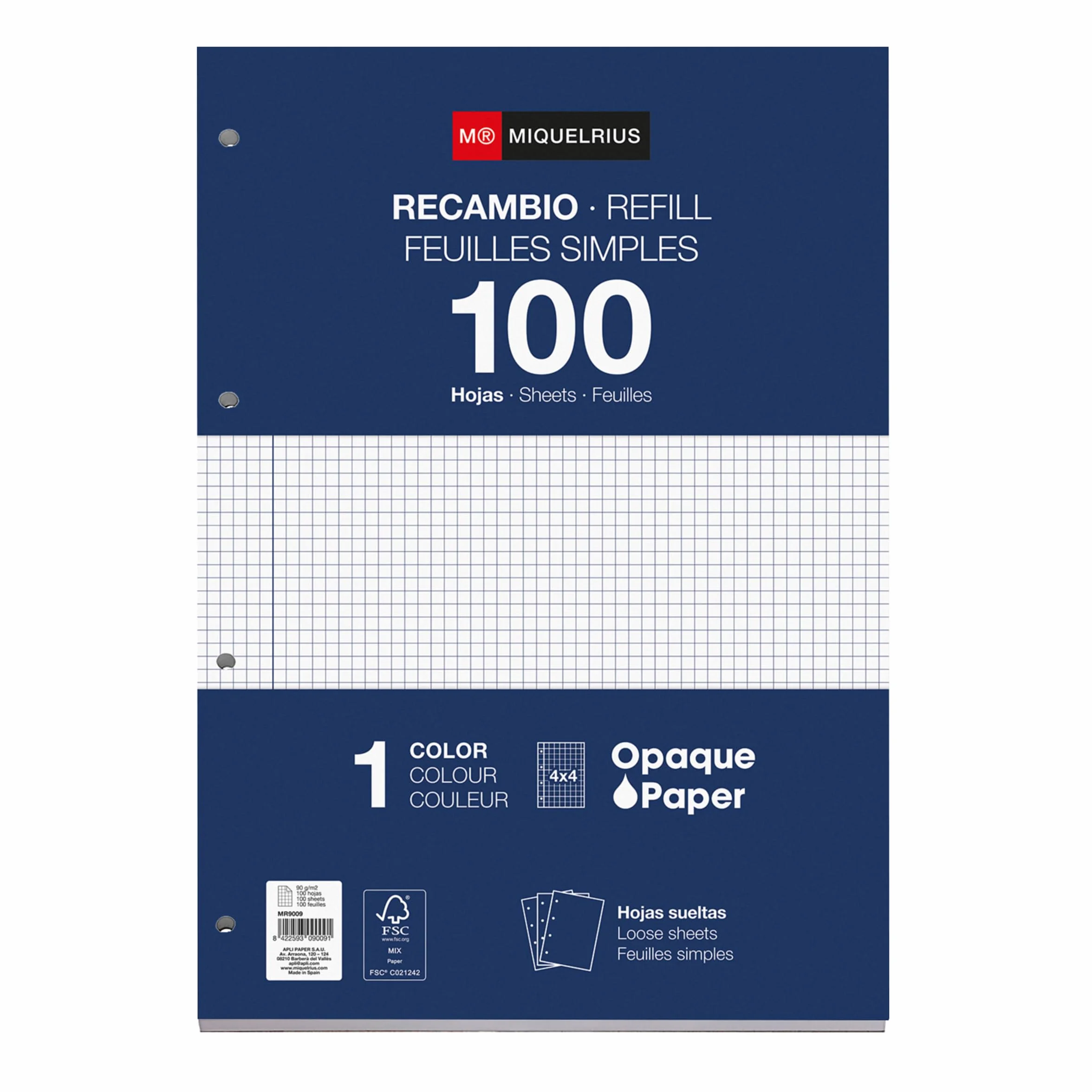 Miquelrius Bloc de recharge A4 100 feuilles quadrillées 4x4 mm 90 g/m² papier opaque perforé