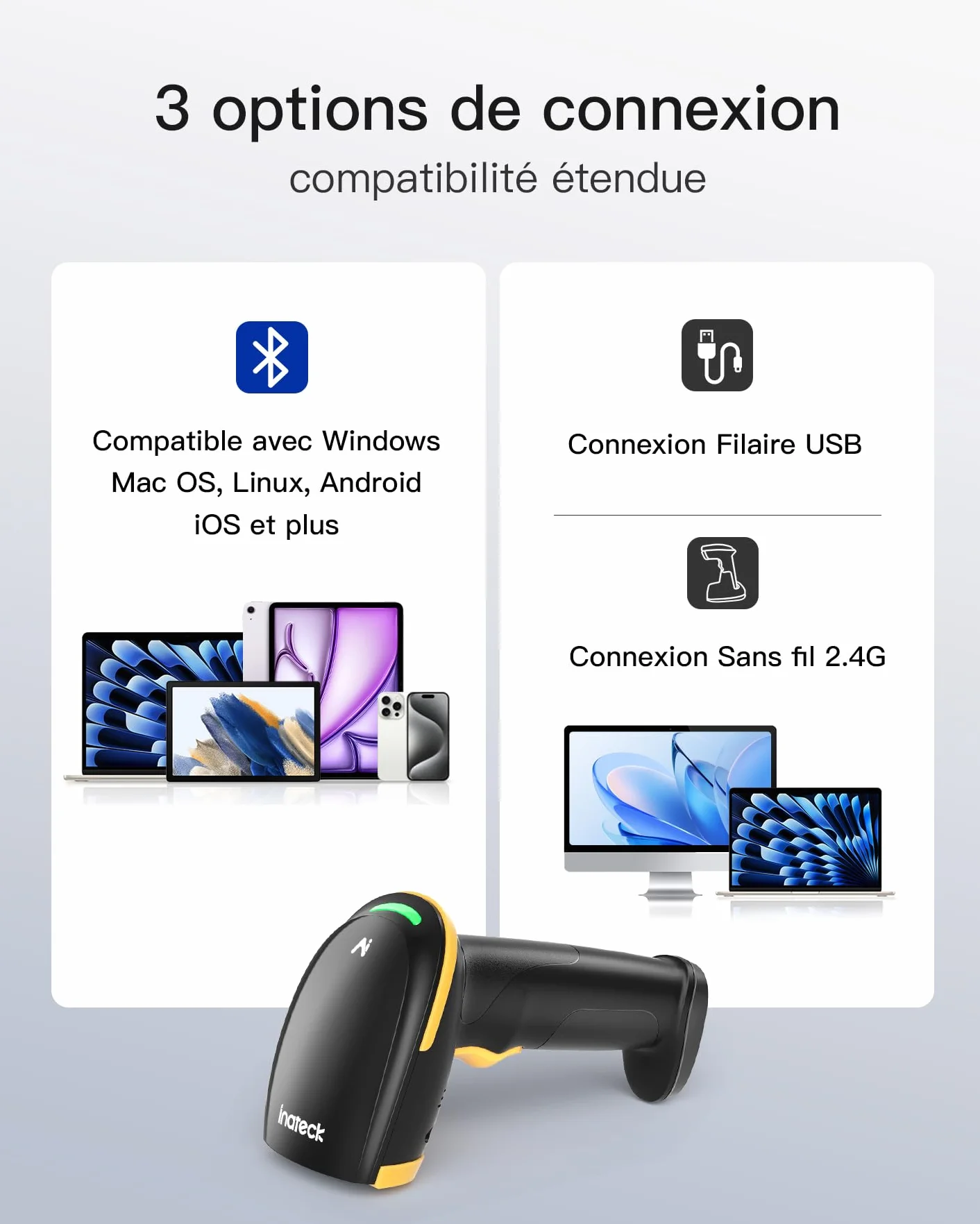 Inateck Scanner de Codes-Barres Bluetooth 2D sans Fil, QR Code 2D avec Batterie 2600 mAh et Base de Charge, BCST-36