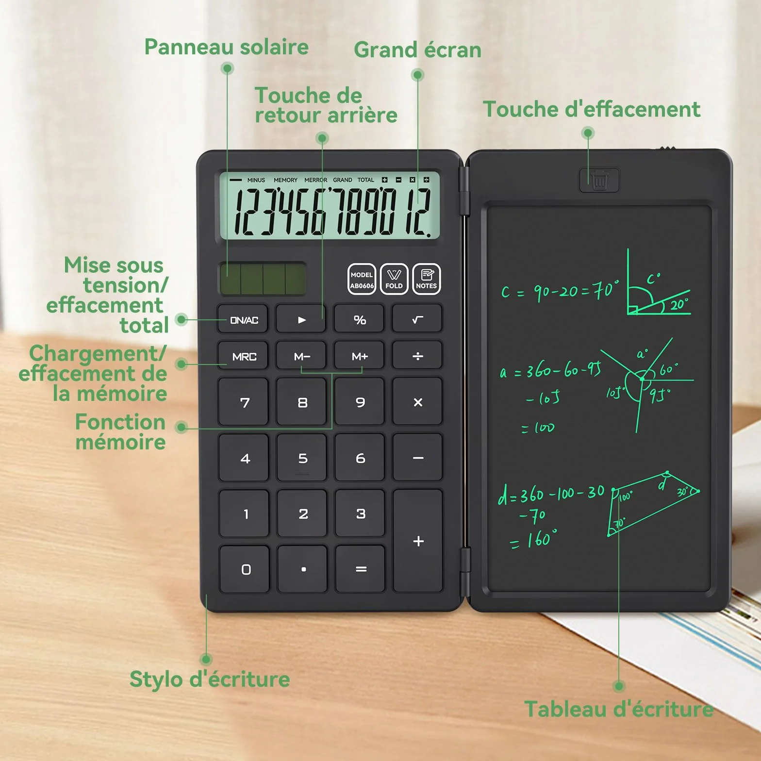 NEWYES Calculatrice avec Tablette d'Écriture, Portable pour Élèves Primaire et Collège, Noir