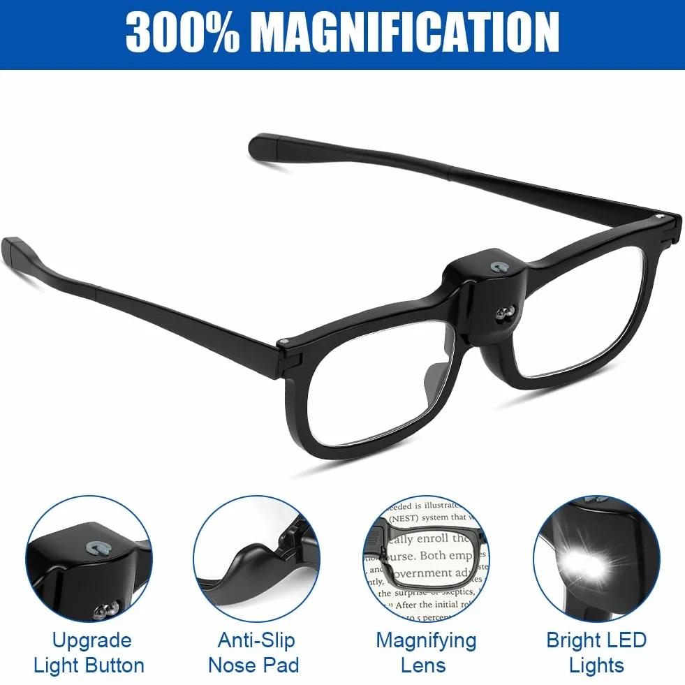 Lunettes Loupe avec Lumière LED 300% Grossissante pour Lecture Bijoutier Couture Bricolage