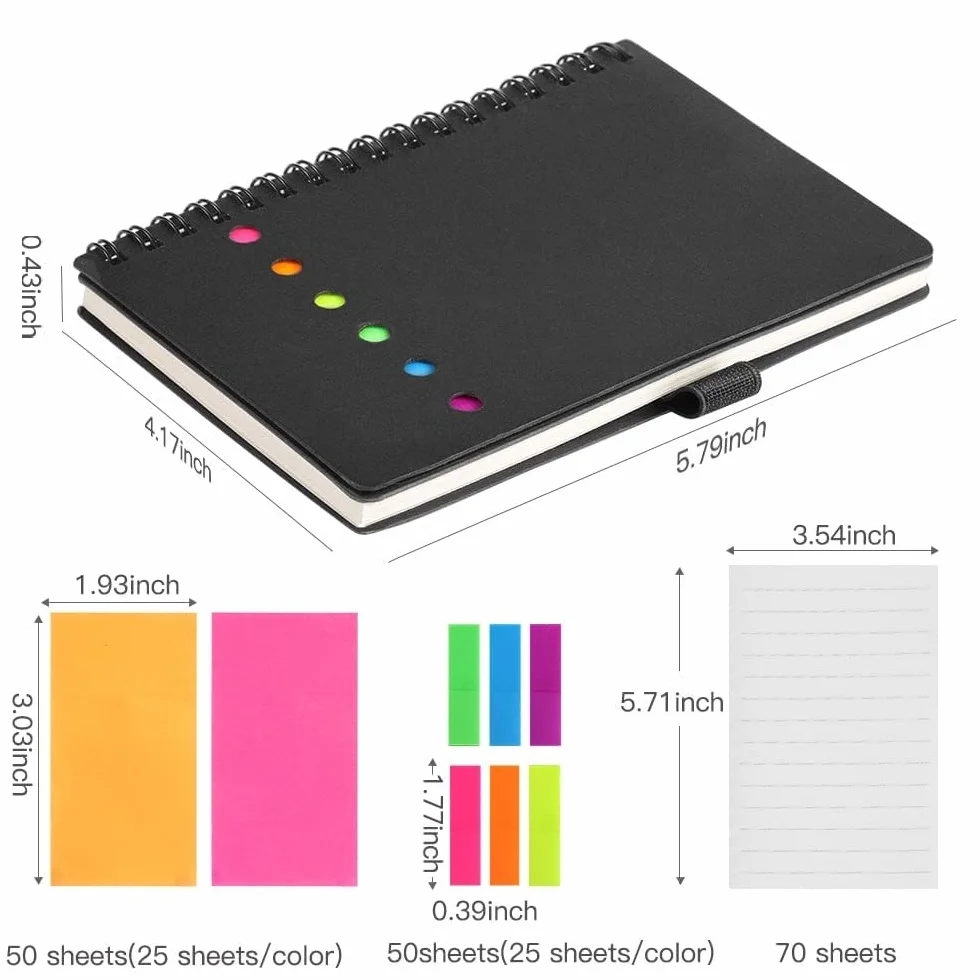 AGPTEK Carnet à Spirale avec Notes Colorées, Bloc Note Couverture Kraft, Cahier Spirale avec Porte-Stylo, Notes Autocollantes pour Étude et Bureau Noir