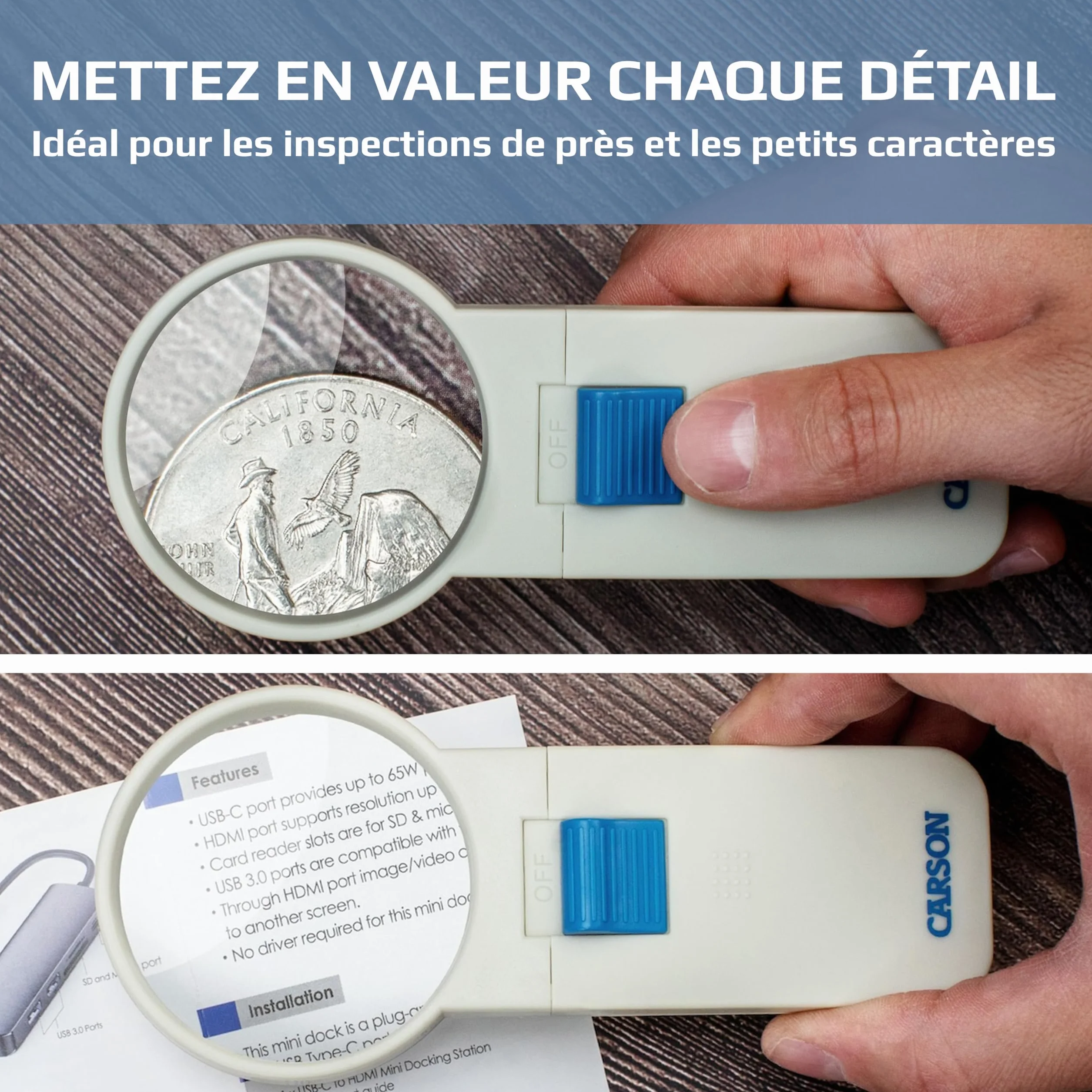 Carson Loupe éclairée LED 5X 6,4 cm Asphérique Portable SV-50