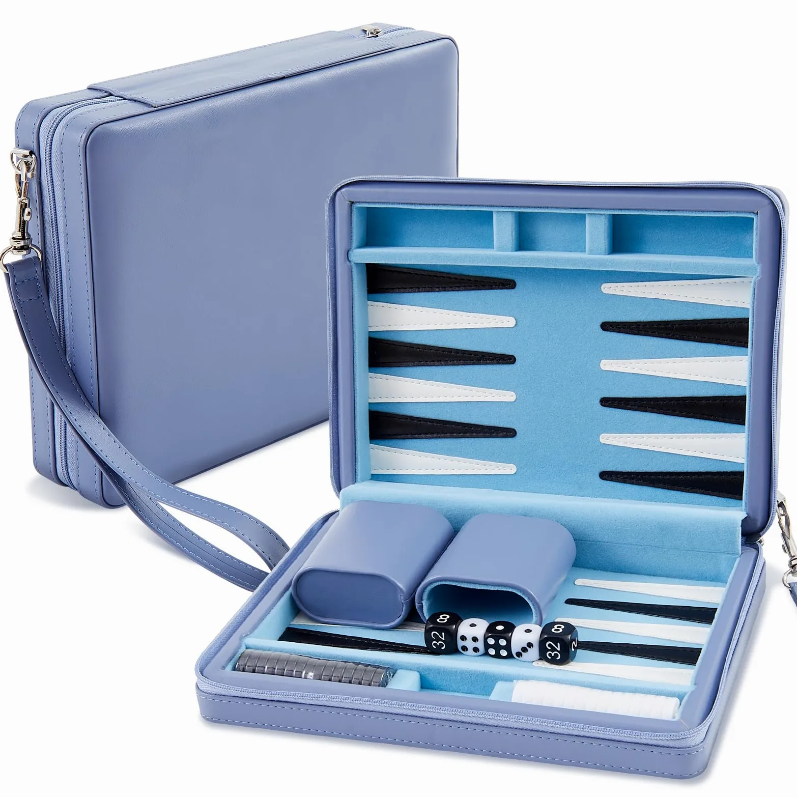 Jerify Jeu de backgammon de voyage pour adultes - Étui portable en similicuir - Puces magnétiques - Jeu de stratégie classique pour les familles - Avion - Camping - Randonnée (bleu)
