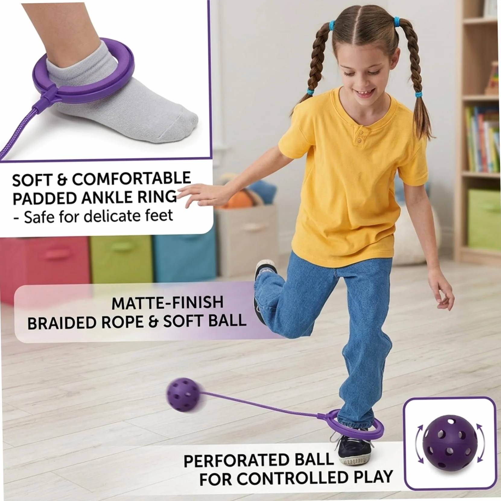 Balle à Sauter Violet Doux avec Anneau en Corde givrée pour Enfants – Jouet de Fitness perforé
