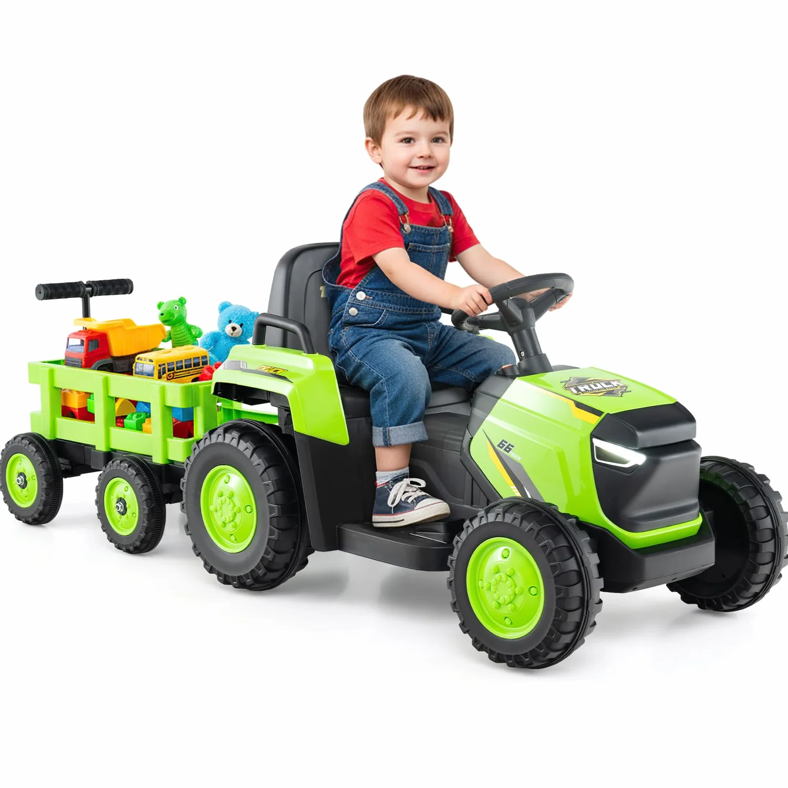 COSTWAY 12V Tracteur Électrique Enfant avec Remorque Amovible, Voiture Électrique Enfant avec Télécommande & Phares LED, Klaxon, Musique, 1,6-4 km/h, Charge 30 kg pour 37-95 Mois (Vert)