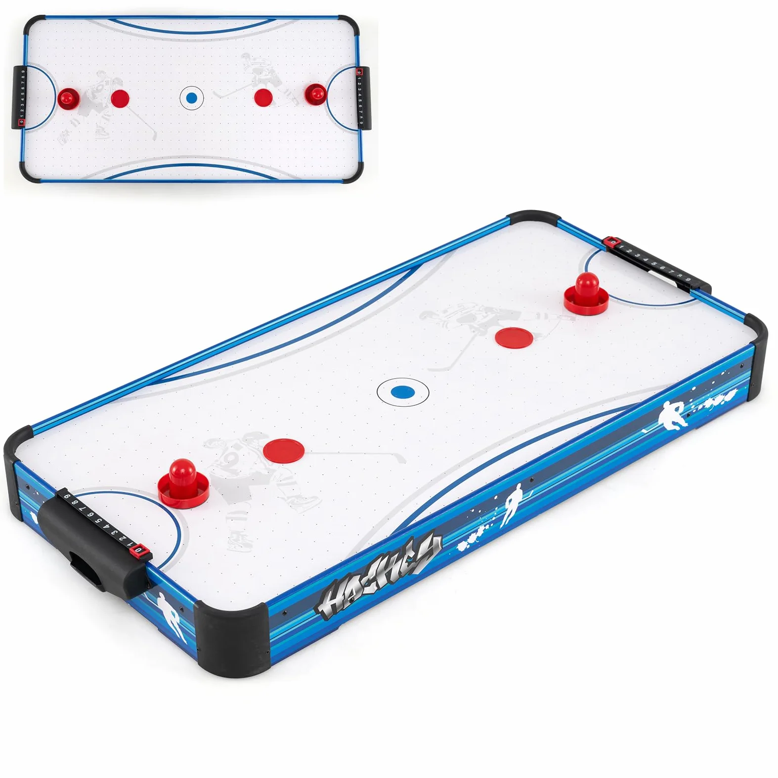 HOMASIS Table de Air Hockey avec 2 Palets et 2 Raquettes | Speed Hockey pour Enfants et Adultes, avec Moteur 12 V, Bleu + Blanc