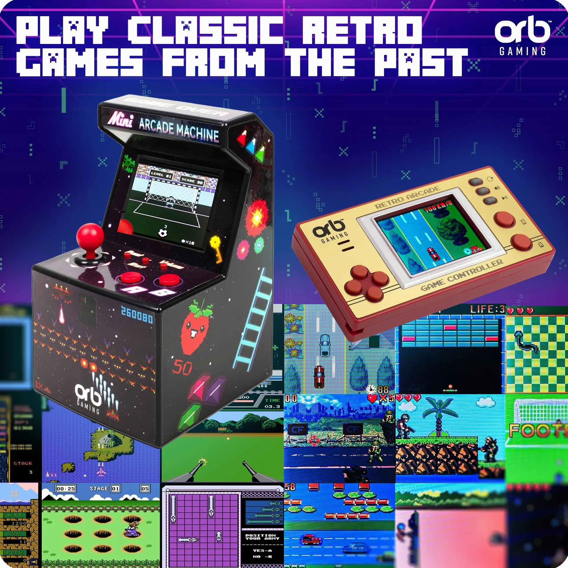 Orb Mini console de jeux portable rétro et ensemble d'arcade – 1 console de jeux intégrée de 150 et 1 x 240 jeux d'arcade intégrés, écran LCD couleur Thumbs Up!