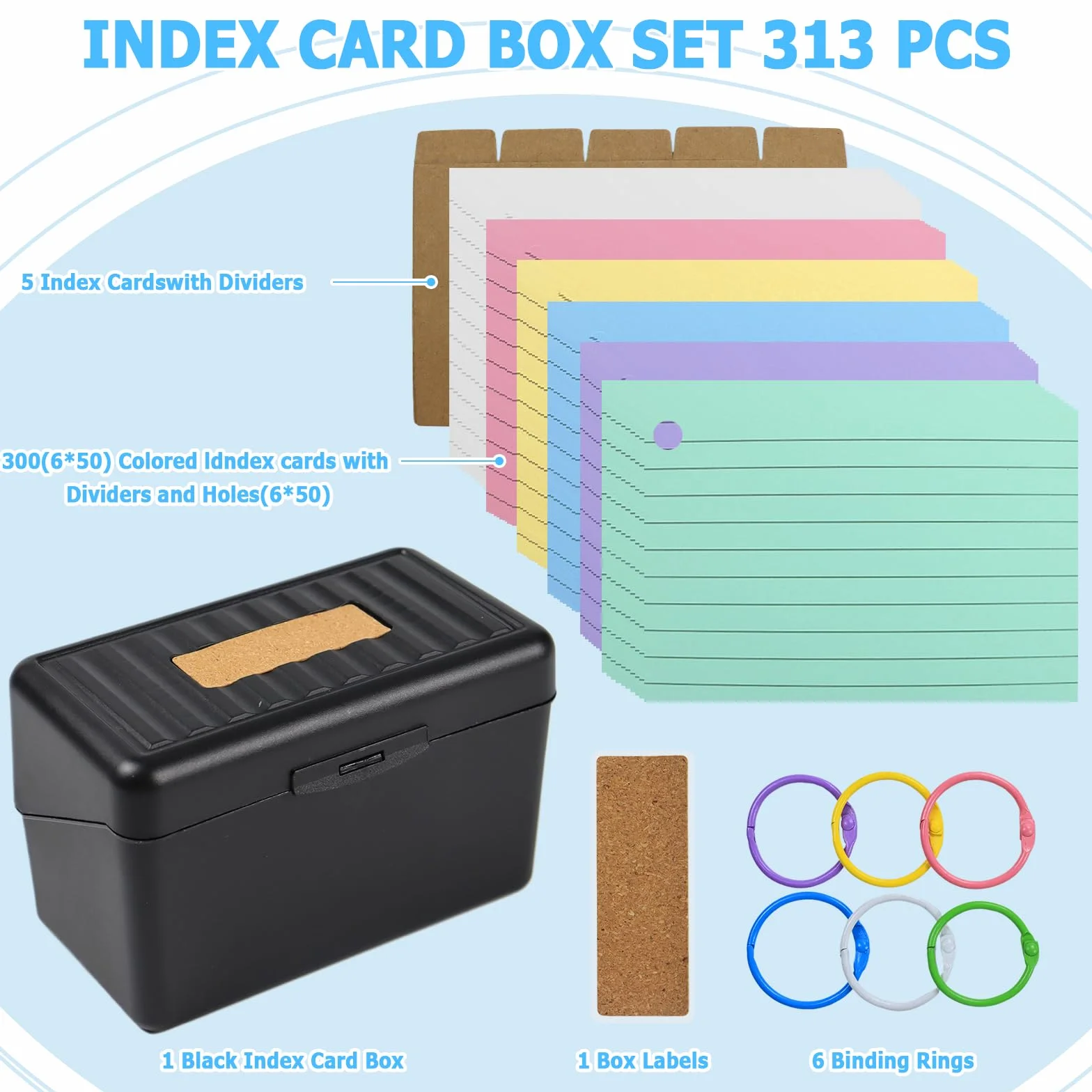 Kit de Boîte à Fiches 313 Pièces avec Boîte Noire, 300 Fiches, 5 Intercalaires