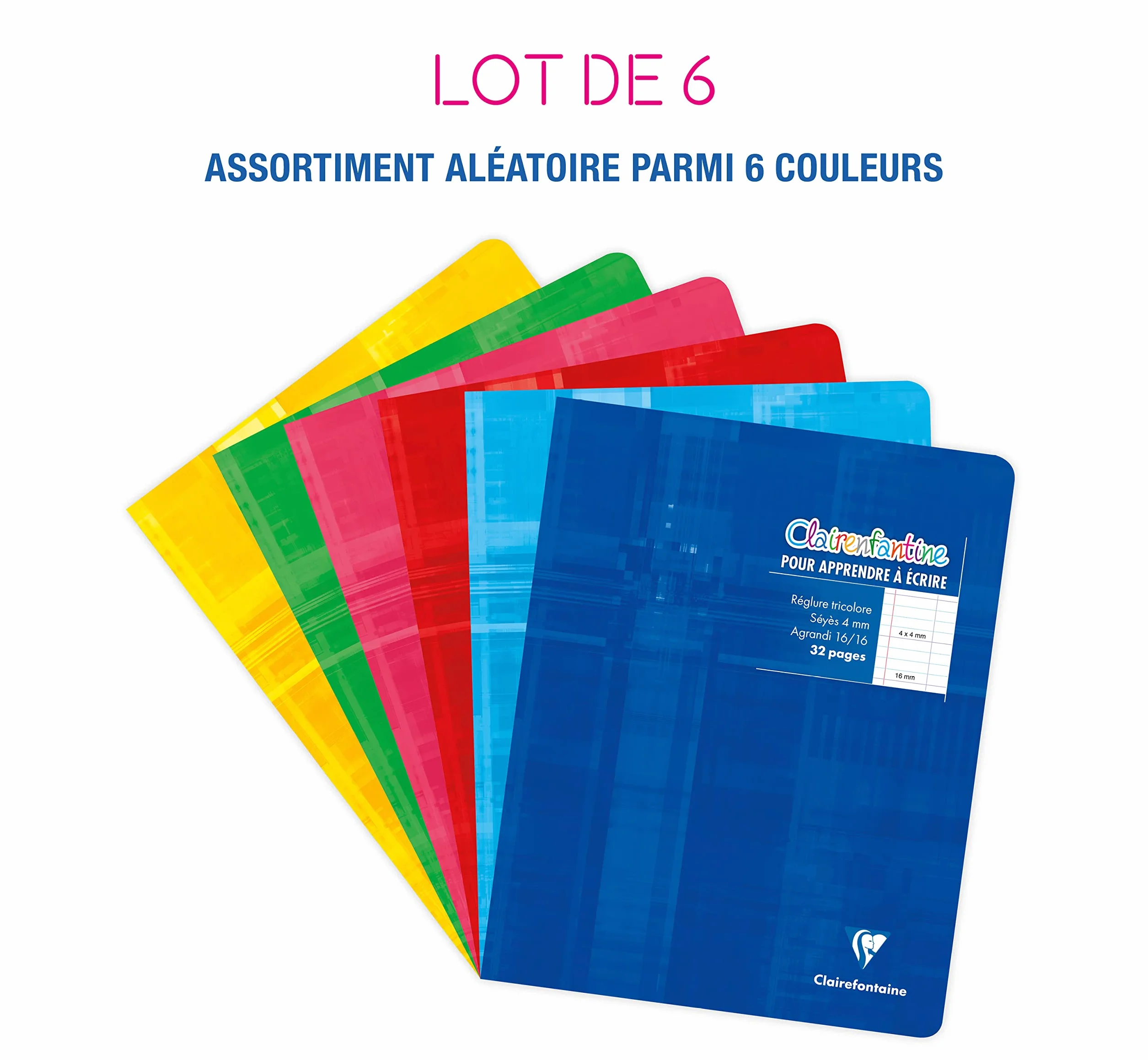 Clairefontaine Lot de 6 Cahiers d'Écriture Agrafés 17x22 cm 32 Pages Grands Carreaux 4 mm Papier 90 g