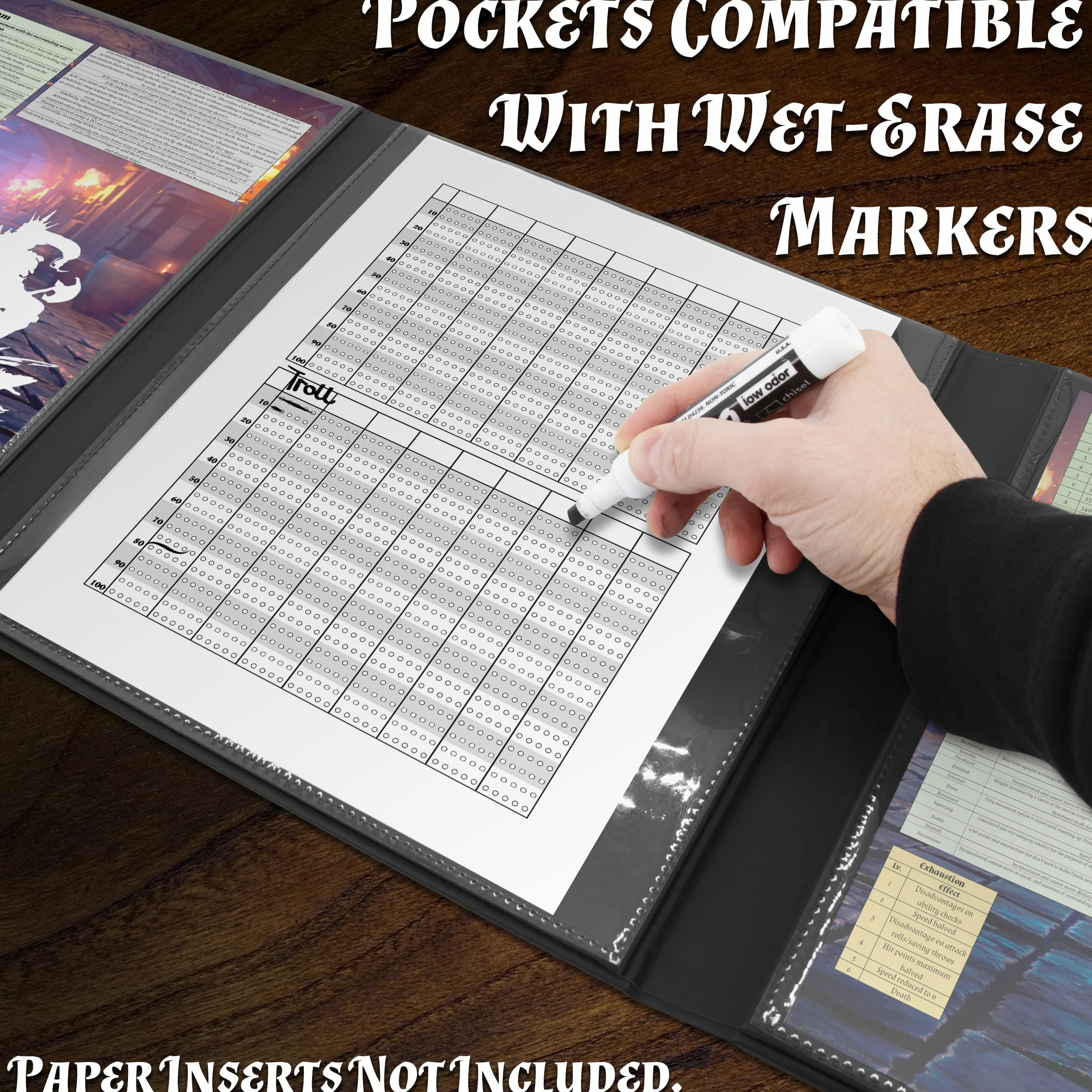 CASEMATIX DM Screen Écran GM Pliable en Similicuir à 12 Panneaux XL avec 4 Panneaux pivotants et Poches effaçables à l'eau pour TTRPG Noir Inserts Non Inclus