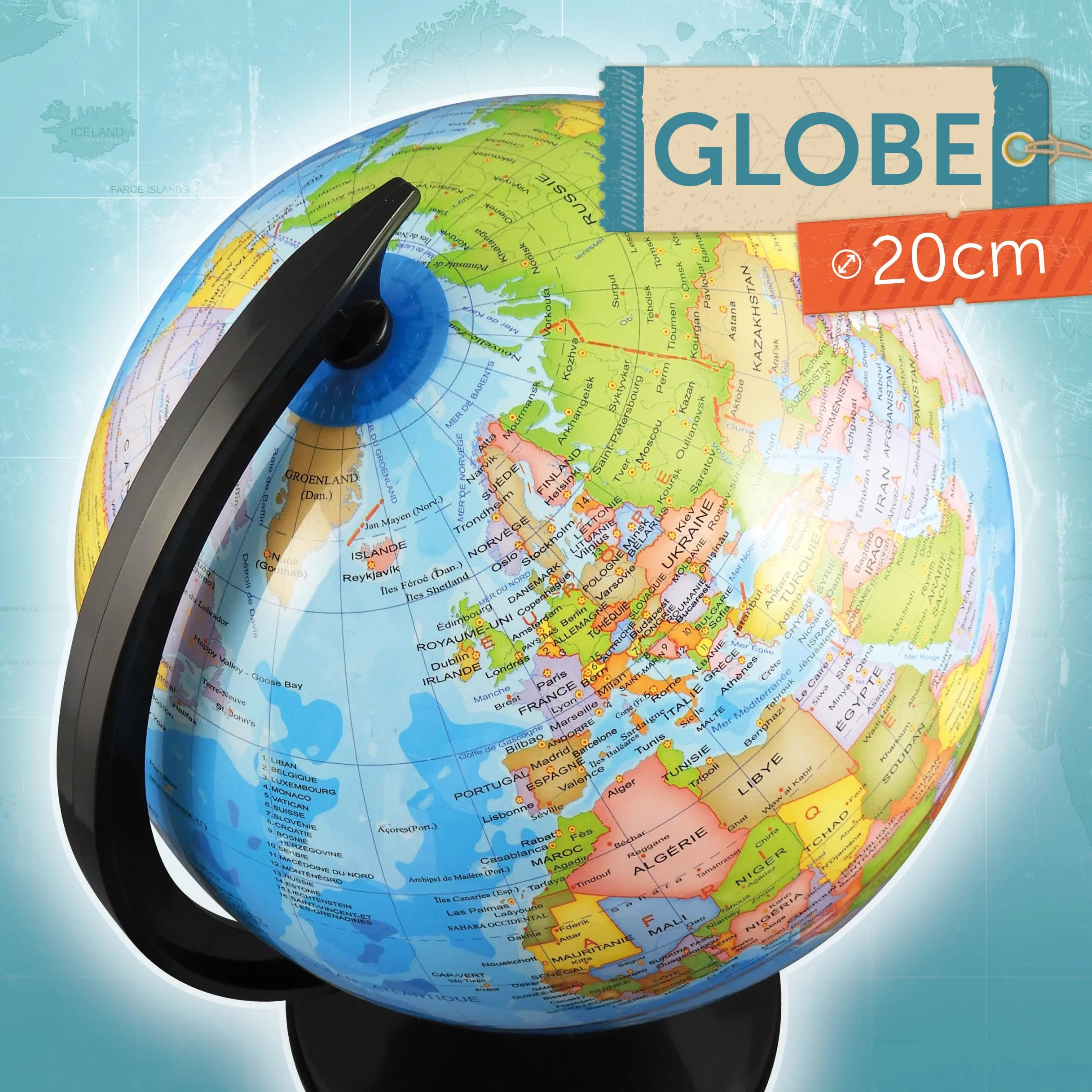 Globe Terrestre 20 cm pour Enfants – Découverte Pays, Villes, Océans et Fleuves – Socle Noir Mat – Éducatif dès 6 Ans