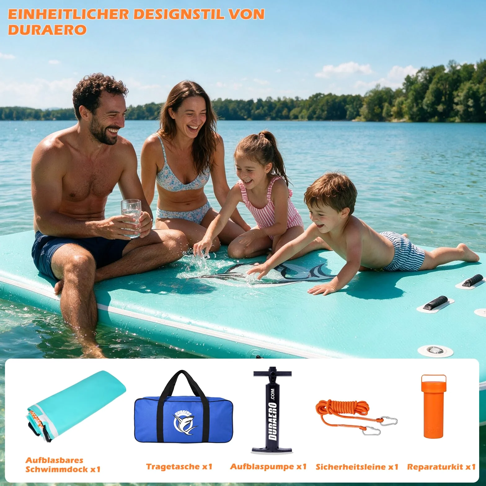 DURAERO Plateforme Flottante Gonflable 240 x 180 x 15 cm, Ponton Flottant PVC Drop-Stitch pour Bateau, Lac et Piscine, Jusqu’à 4 Personnes, avec Échelle, Pompe et Kit Réparation