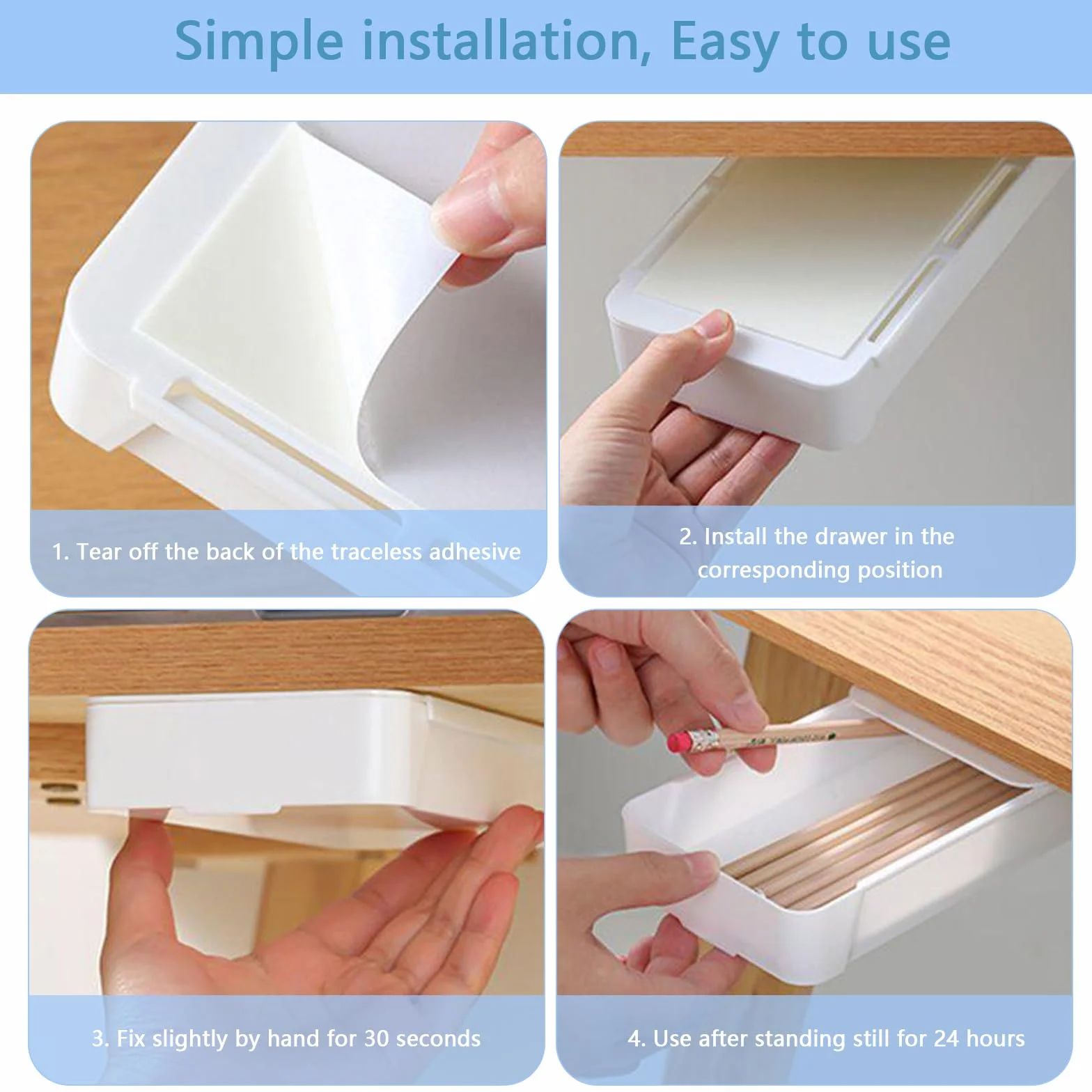 Organisateur Sous Bureau 2 Tiroirs Cachés Adhésifs Double Fixation Plastique ABS