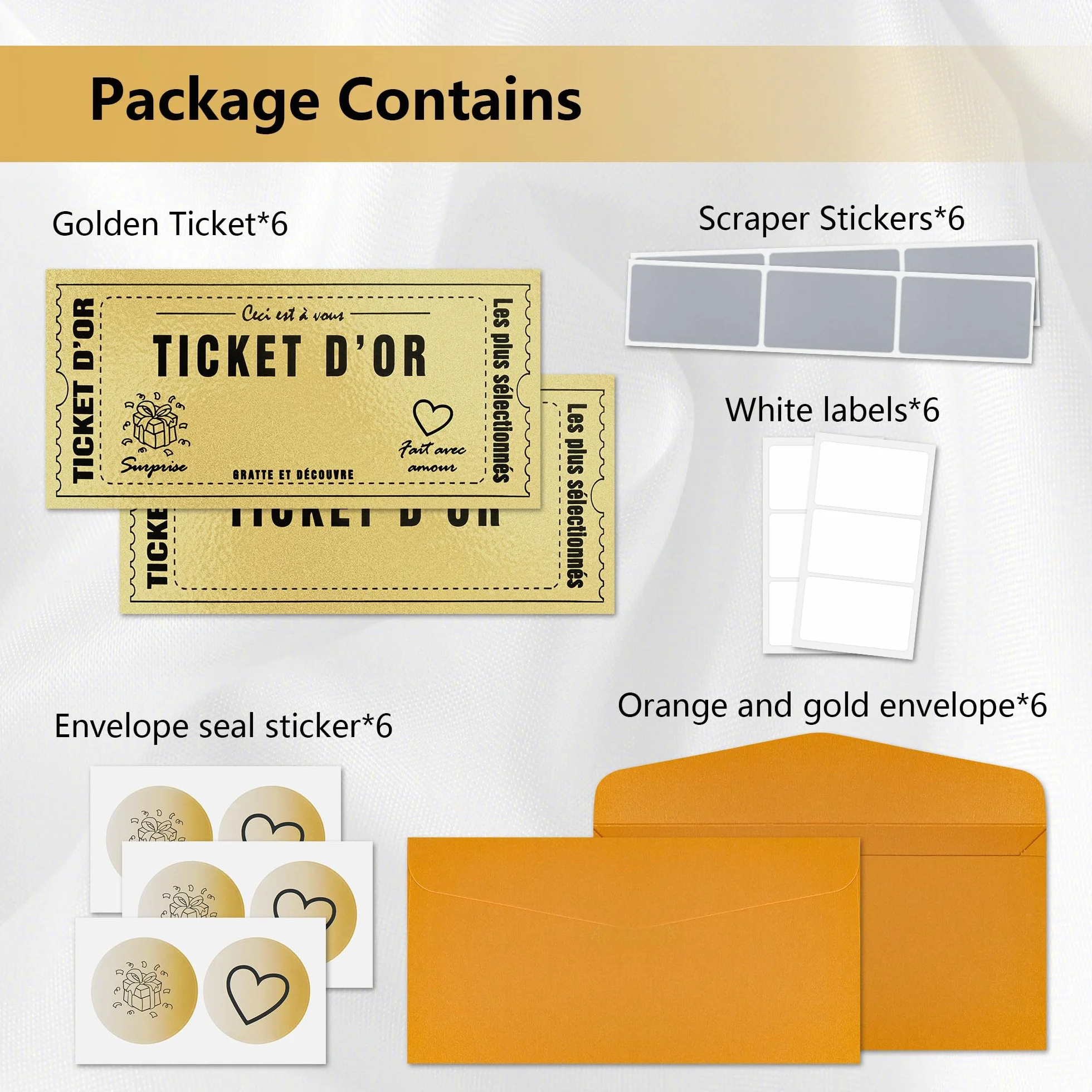 Carte à gratter Golden Ticket d'Or Personnalisable 6 Pièces Cadeau Surprise Anniversaire Saint-Valentin
