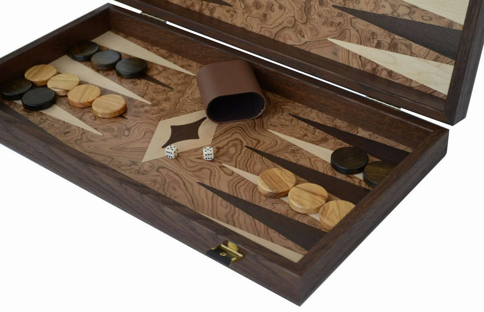 Manopoulos Walnut Burl Traditional 19" Backgammon Set - Olive Checkers