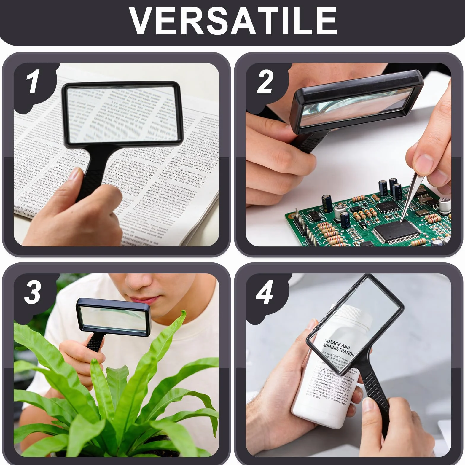 Loupe Lecture 10x Verre Rectangulaire HD 170g Noir pour Seniors