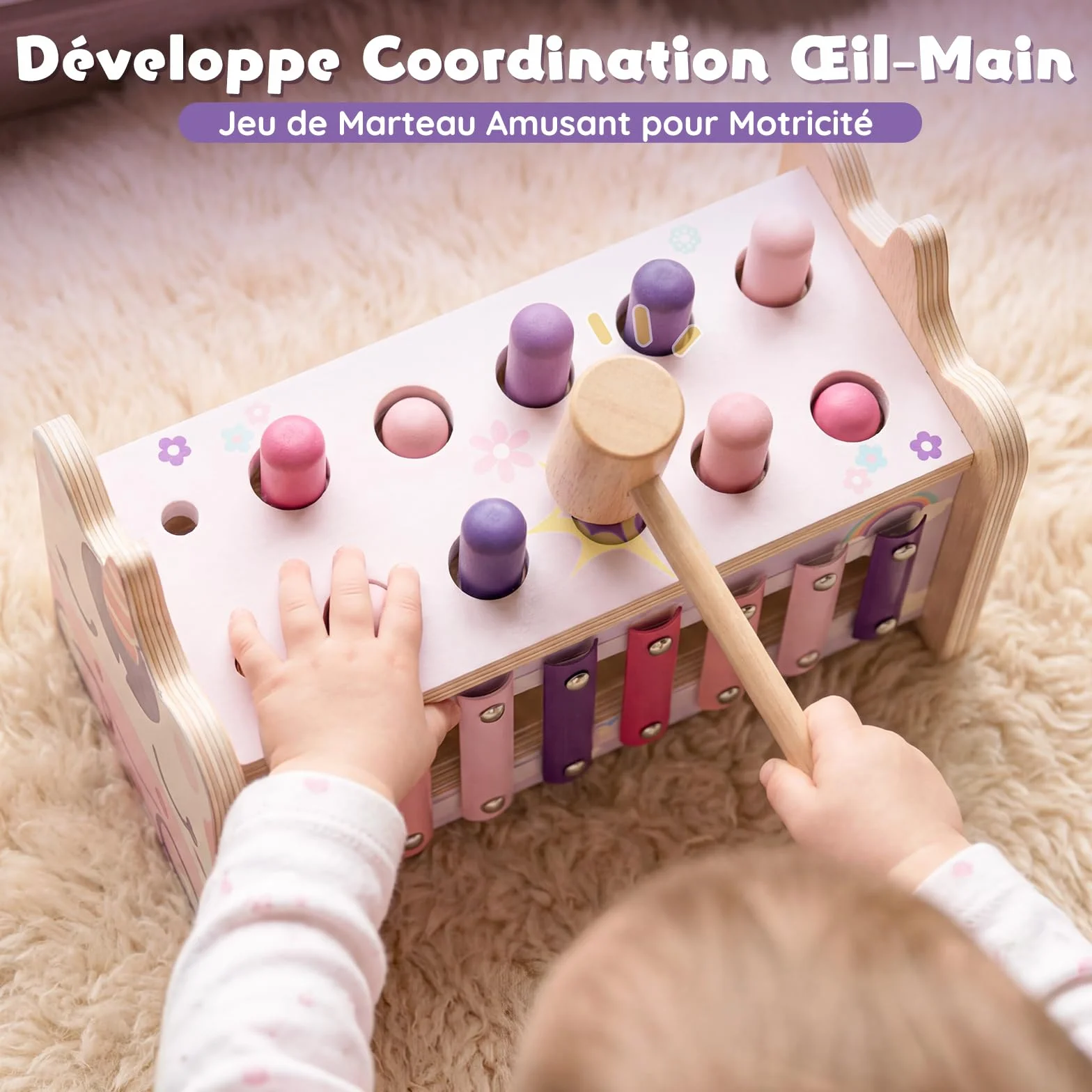 Jouets Montessori 1 An Bébés Jouet en Bois avec Xylophone et Marteaux Filles Jouets d'Éveil Motricité Cadeaux Éducatifs 1-3 Ans