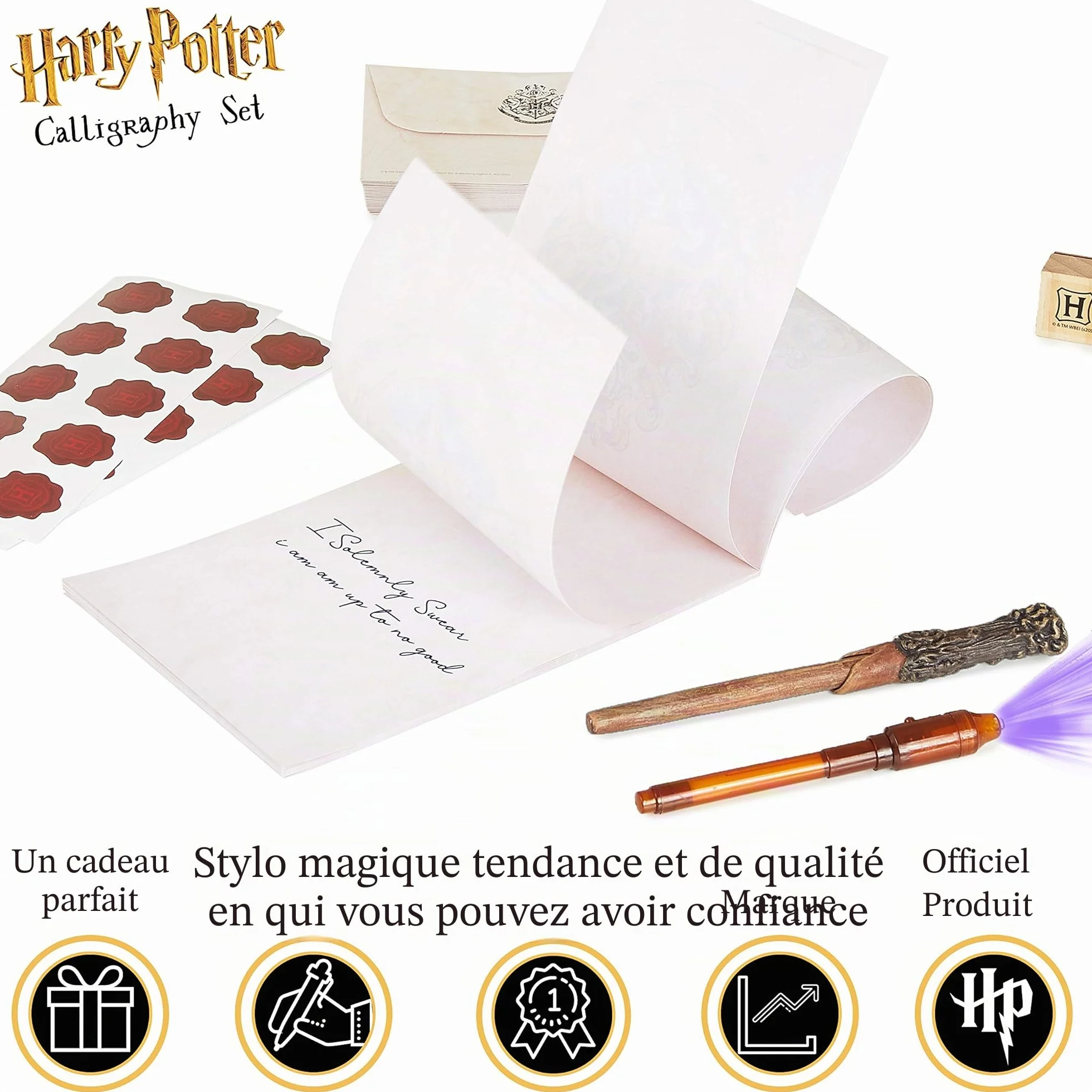 Harry Potter Coffret Papier à Lettre Poudlard Stylo Baguette Magique Bloc Note Enveloppes Stickers Sceau Tampon