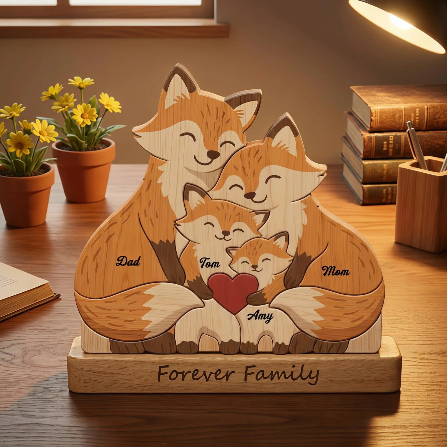 Drawelry Puzzle en Bois Personnalisé Famille avec Figurine Animale Gravée, Décoration Maison Cadeau pour Maman Papa Enfant Renard-A