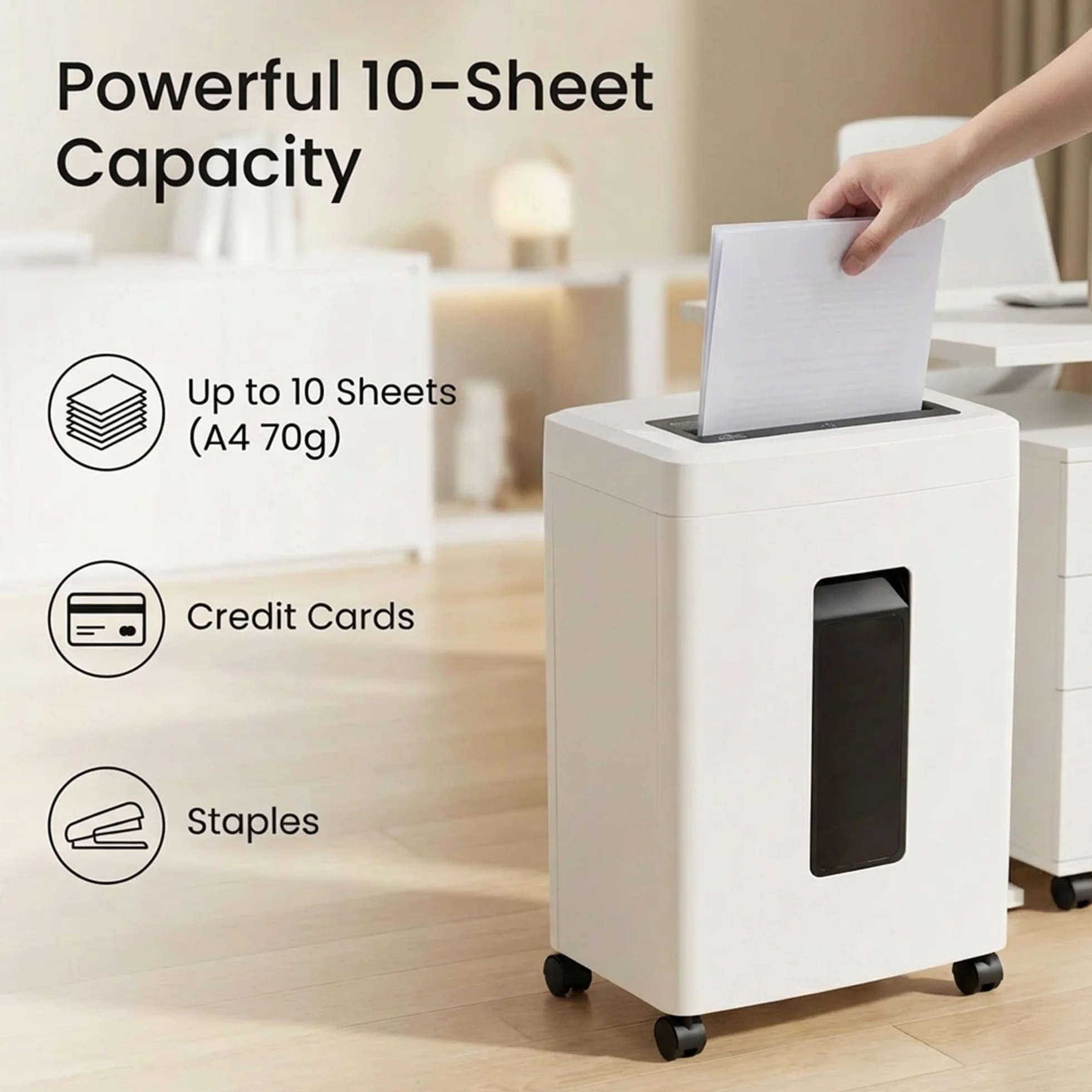 Destructeur de Documents Papier 10 Feuilles Sécurité P-5 Détruit Cartes de Crédit & Agrafes Bac Extractible 18L