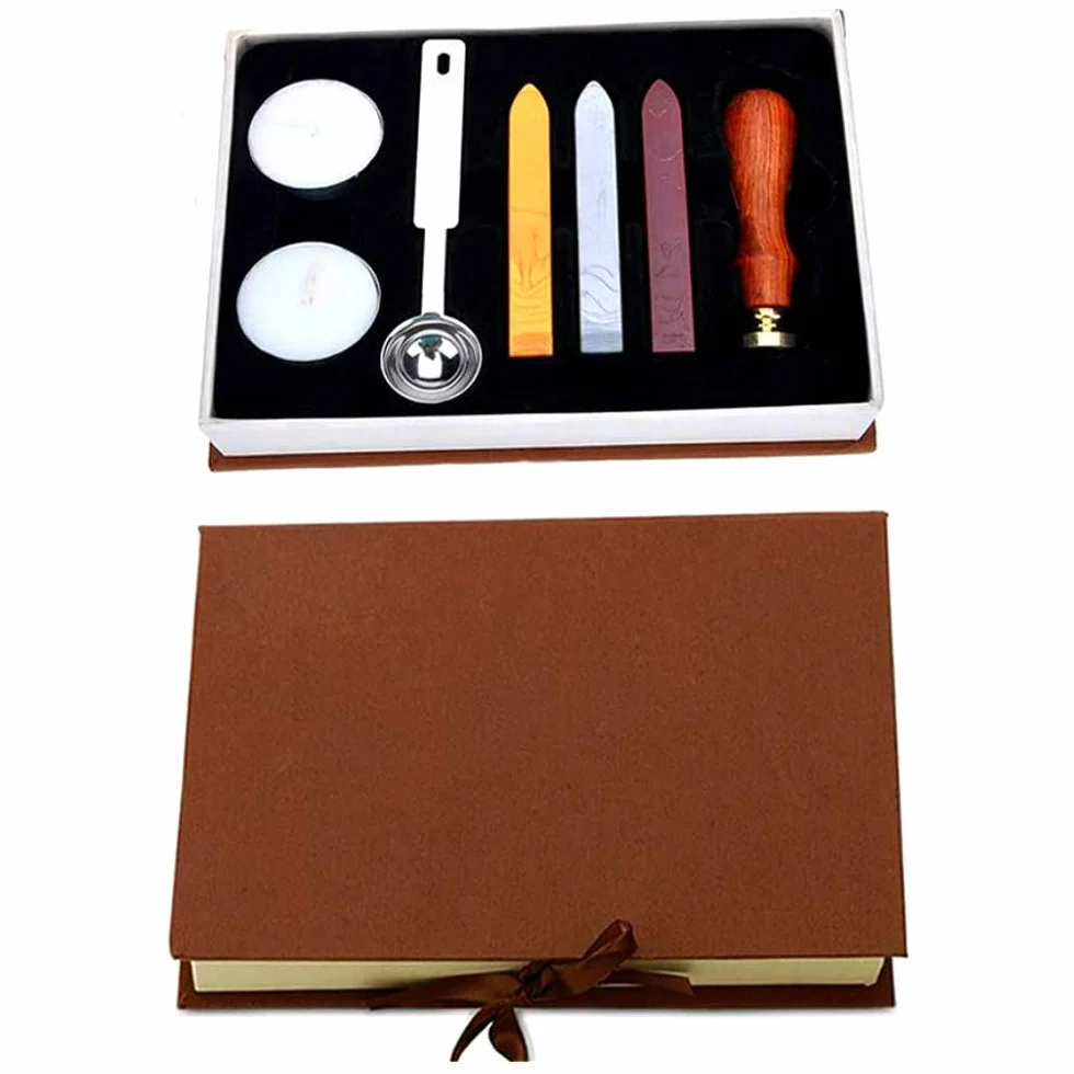 Kit de cachet de cire en forme de lettre T - Sceau en cuivre avec poignée en bois, bâtons de cire, cuillère à fondre, bougies blanches