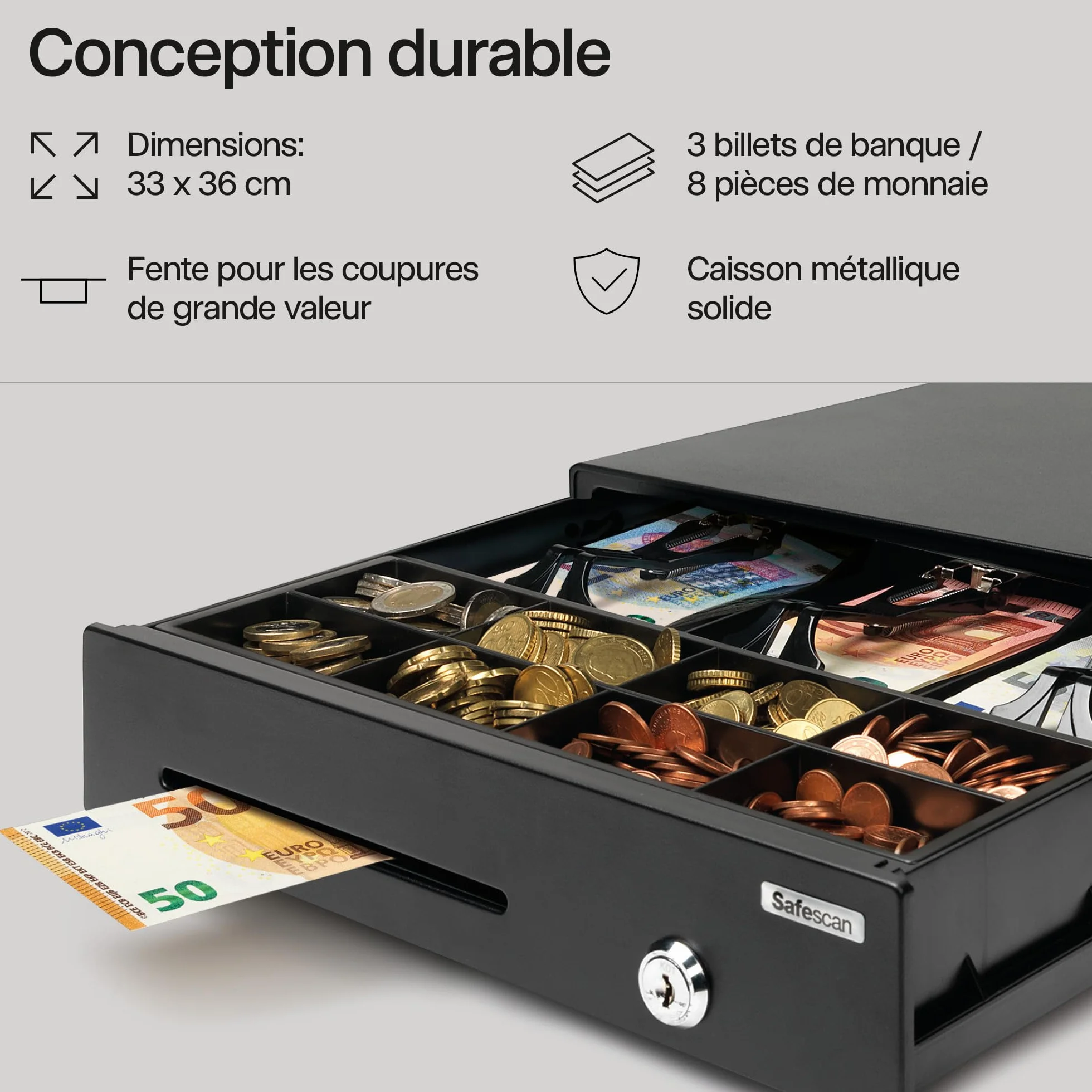 Safescan LD-3336 tiroir-caisse 33 x 36 x 10 cm RJ-12 3 emplacements billets 8 emplacements pièces