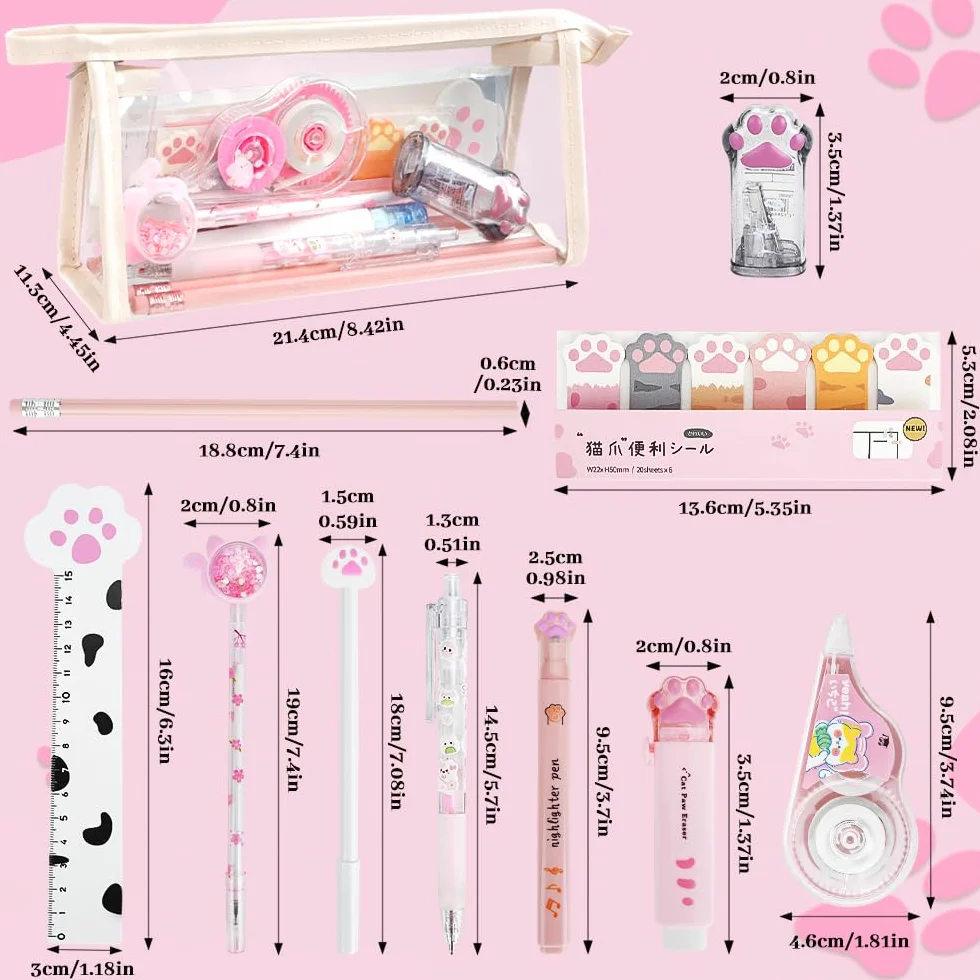 Kit Papeterie Patte de Chat 13 Pièces, Mini Rouleau à Crayons, Gomme, Ruban Correcteur, Stylos, Règle, Notes Adhésives, Surligneurs