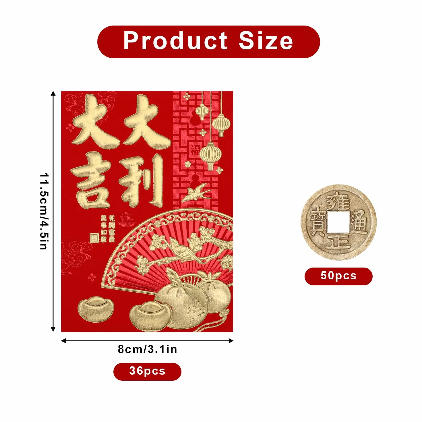 Hong Bao Enveloppes Rouges Nouvel An Chinois 11,5x8cm 36pcs Monnaie Cuivre 50pcs Feng Shui