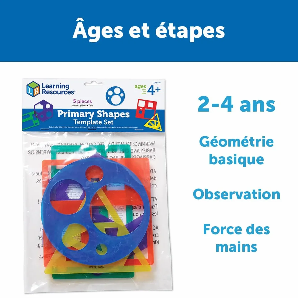 Learning Resources Primary Shapes Template Set, gabarits formes géométriques enfants 4-8 ans, kit géométrie dessin éducatif