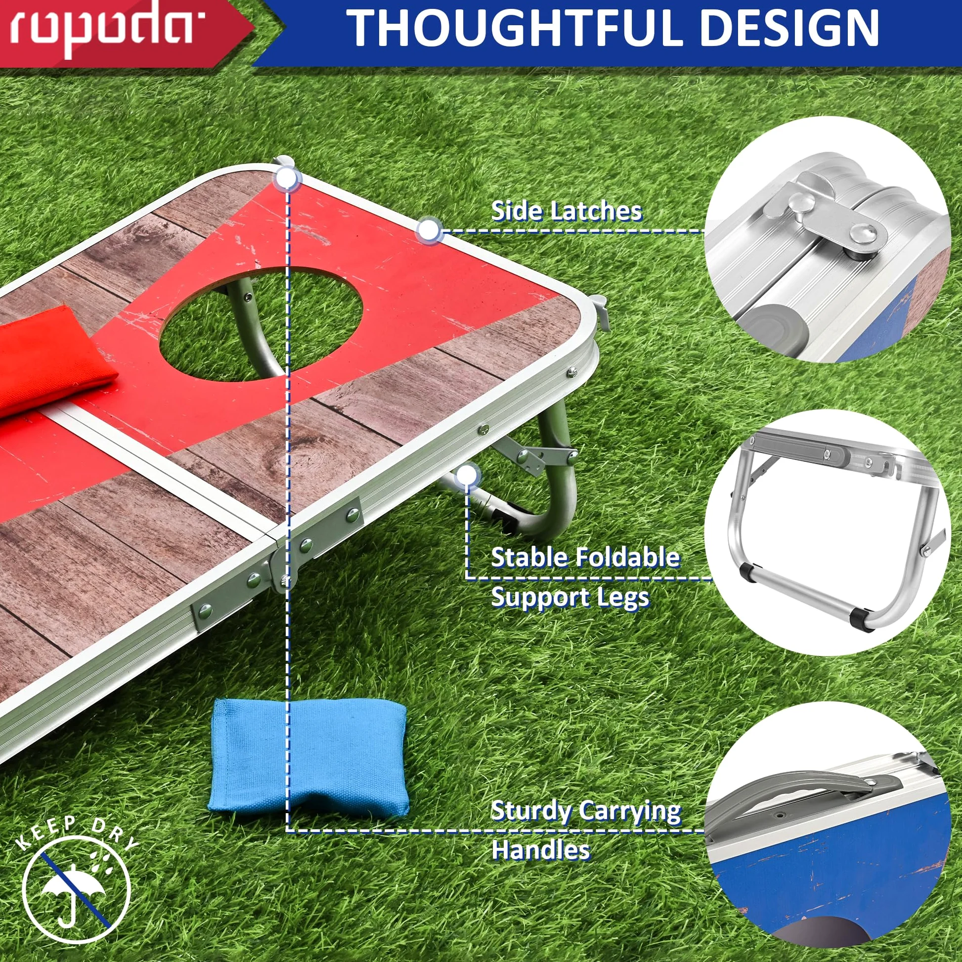 ROPODA Ensemble de Plateau Portable de 61 x 40,6 cm pour Adultes avec 8 poufs, Bordures en Alliage d'aluminium léger pour Jeux de Plein air, Plage et hayon.