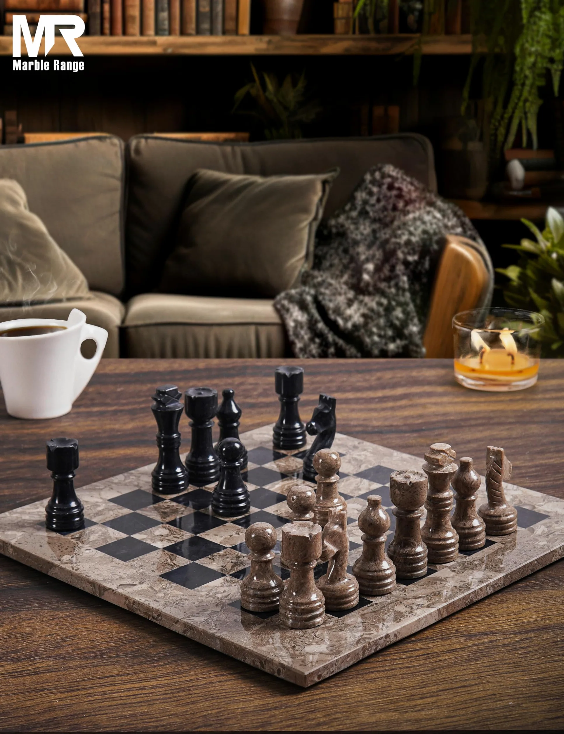 MARBLE RANGE Jeu d'échecs en marbre oceánico y Negro Fait Main de 30 cm avec boîte, pièces et 2 Dames. Élégant Jeu de Voyage pour Adultes, idéal comme Cadeau ou décoration d'intérieur