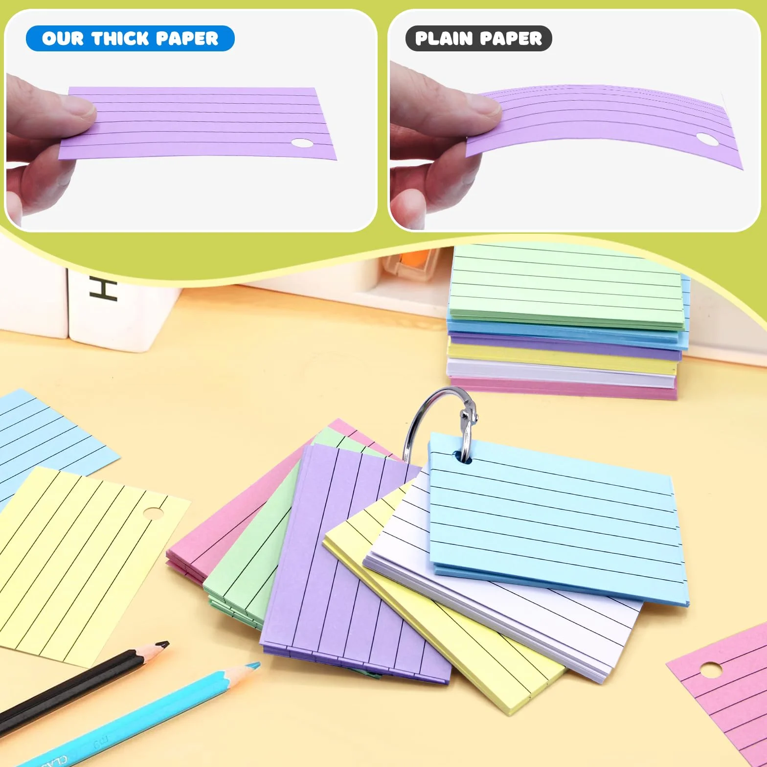 Fiches Bristol A8 Lignées 600 Cartes d’Index Couleurs 6 Anneaux de Reliure