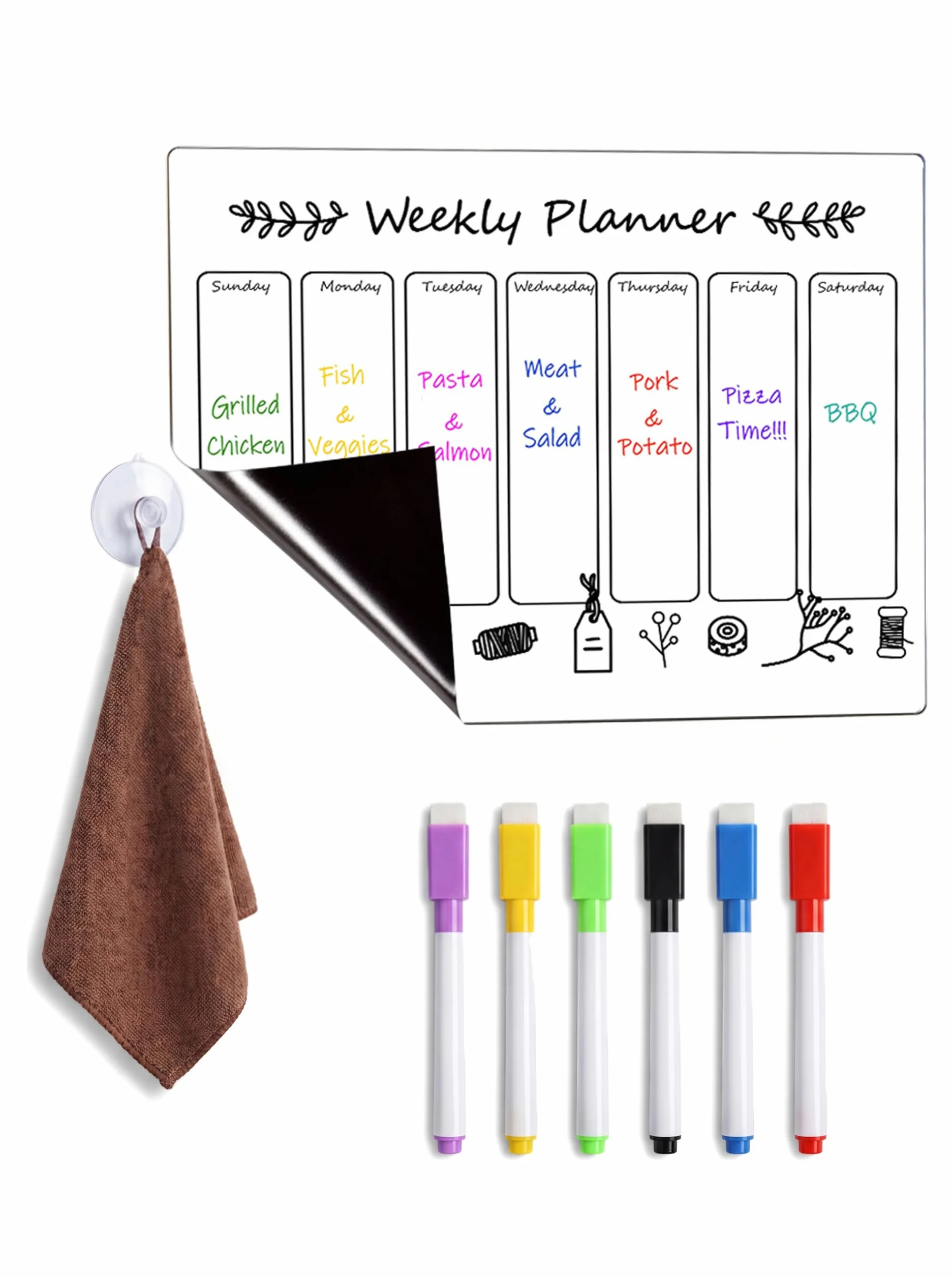 Tableau blanc magnétique effaçable avec 6 marqueurs et calendrier pour réfrigérateur, planificateur familial