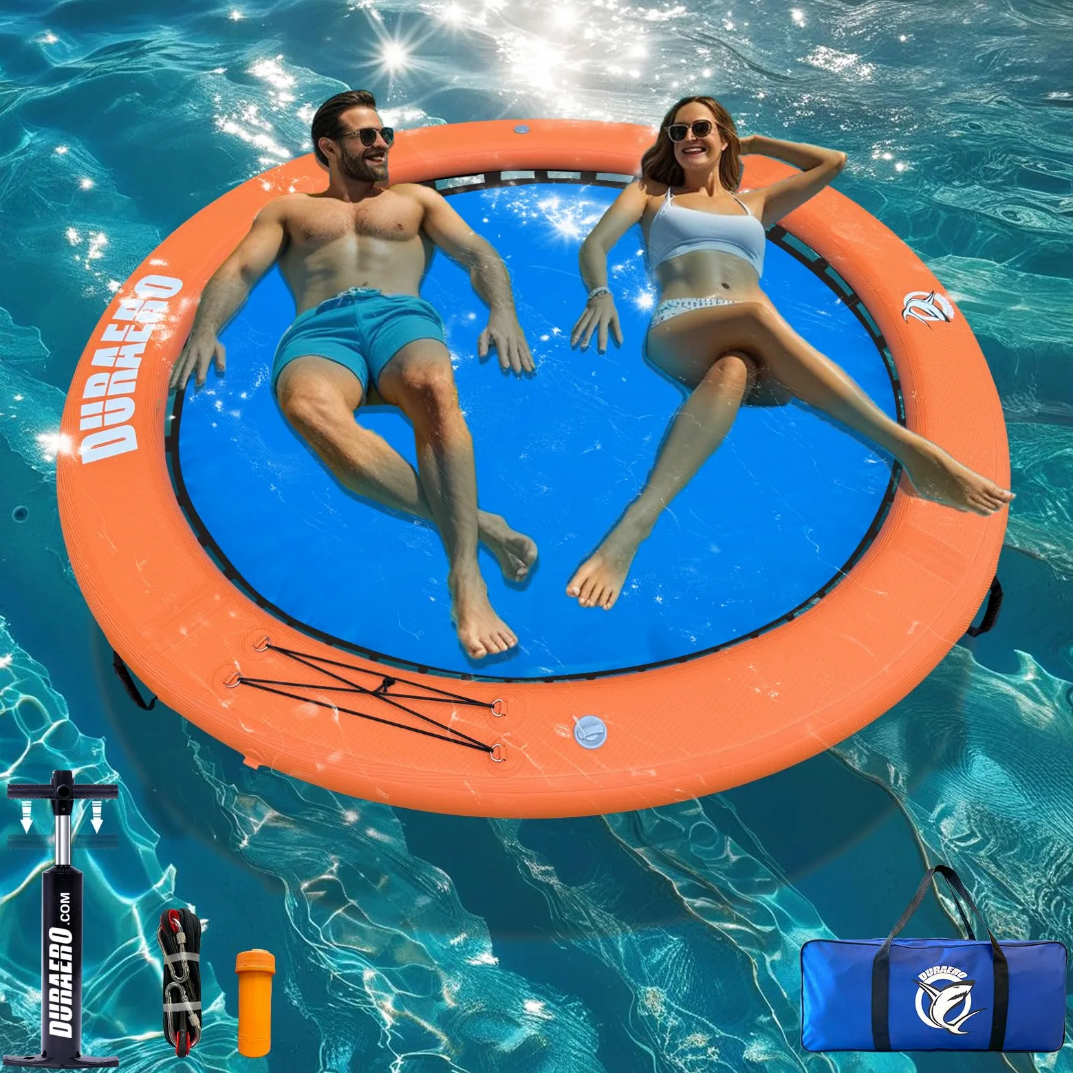 Hamac Gonflable d’Eau Ø185 x 10 cm, Grande bouée Ronde Piscine et lac, îlot Flottant pour 2–3 Personnes, transat Aquatique, Pompe et Accessoires Inclus
