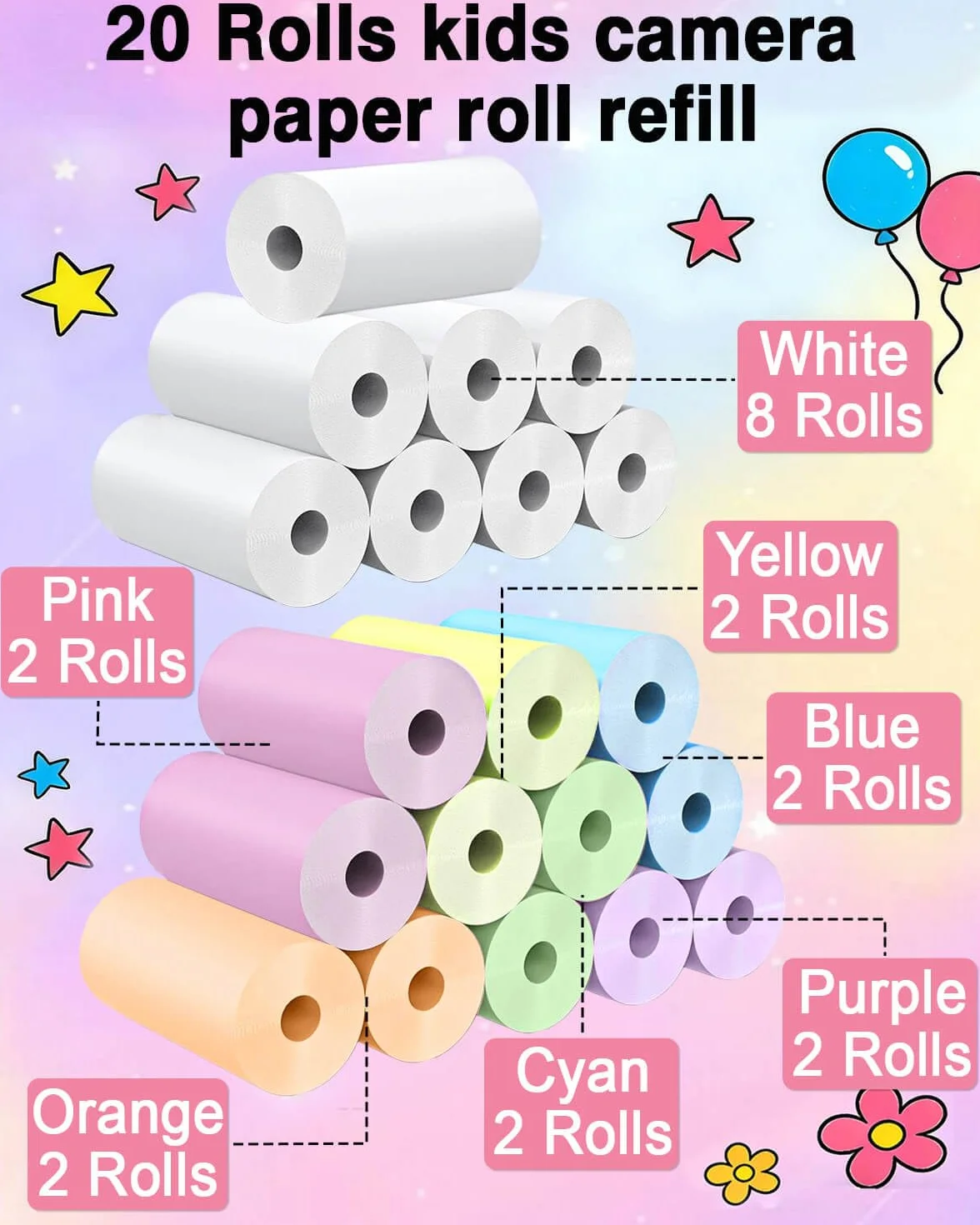 Lot de 20 rouleaux papier d'impression instantané Kidizoom HD 2,5 x 5,7 cm sans BPA